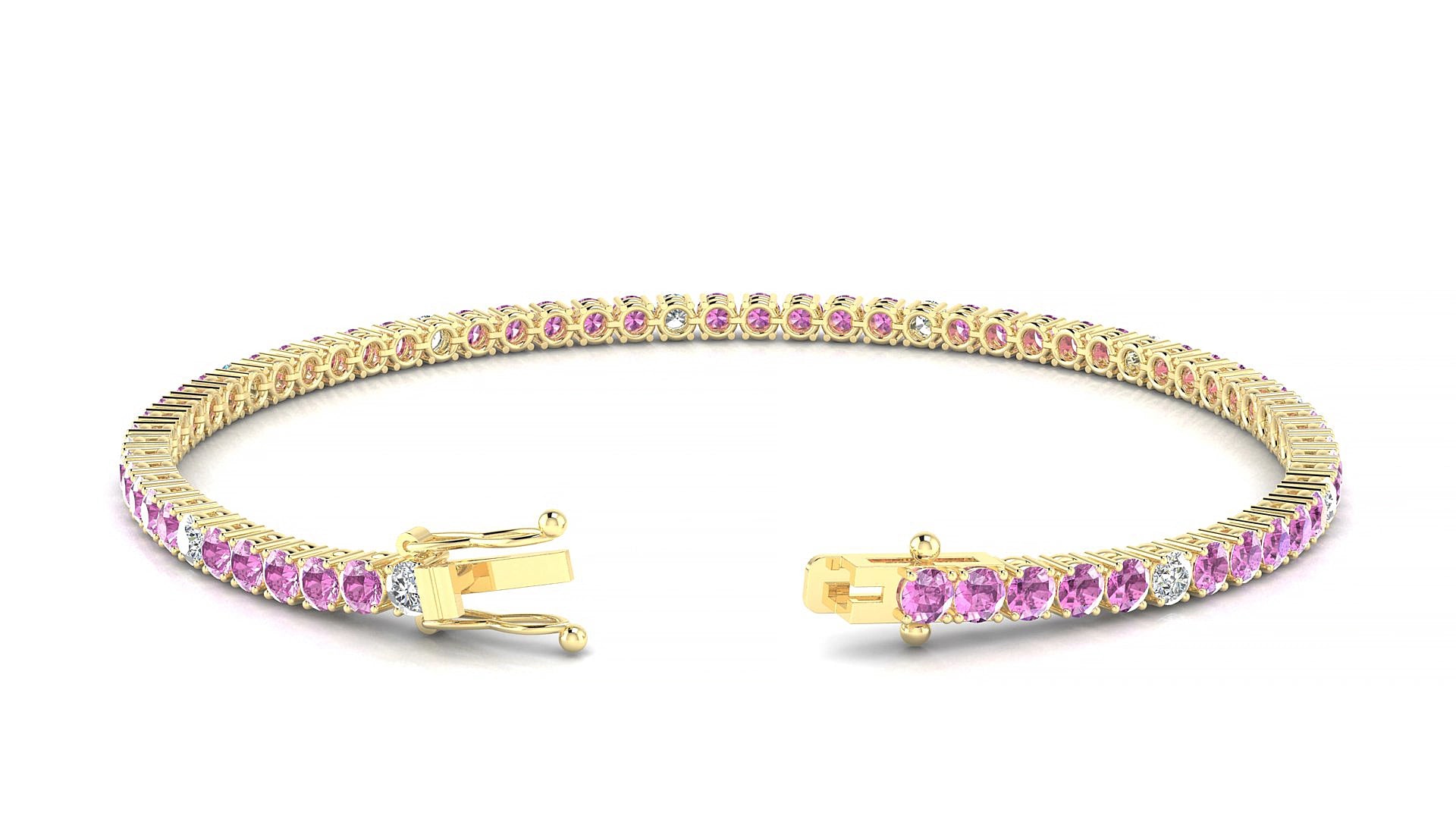 Capri 5-1 | 18k Yellow Gold 2.5 mm Round Natural Pink Sapphire & Diamond 20 cm Tennis Bracelet