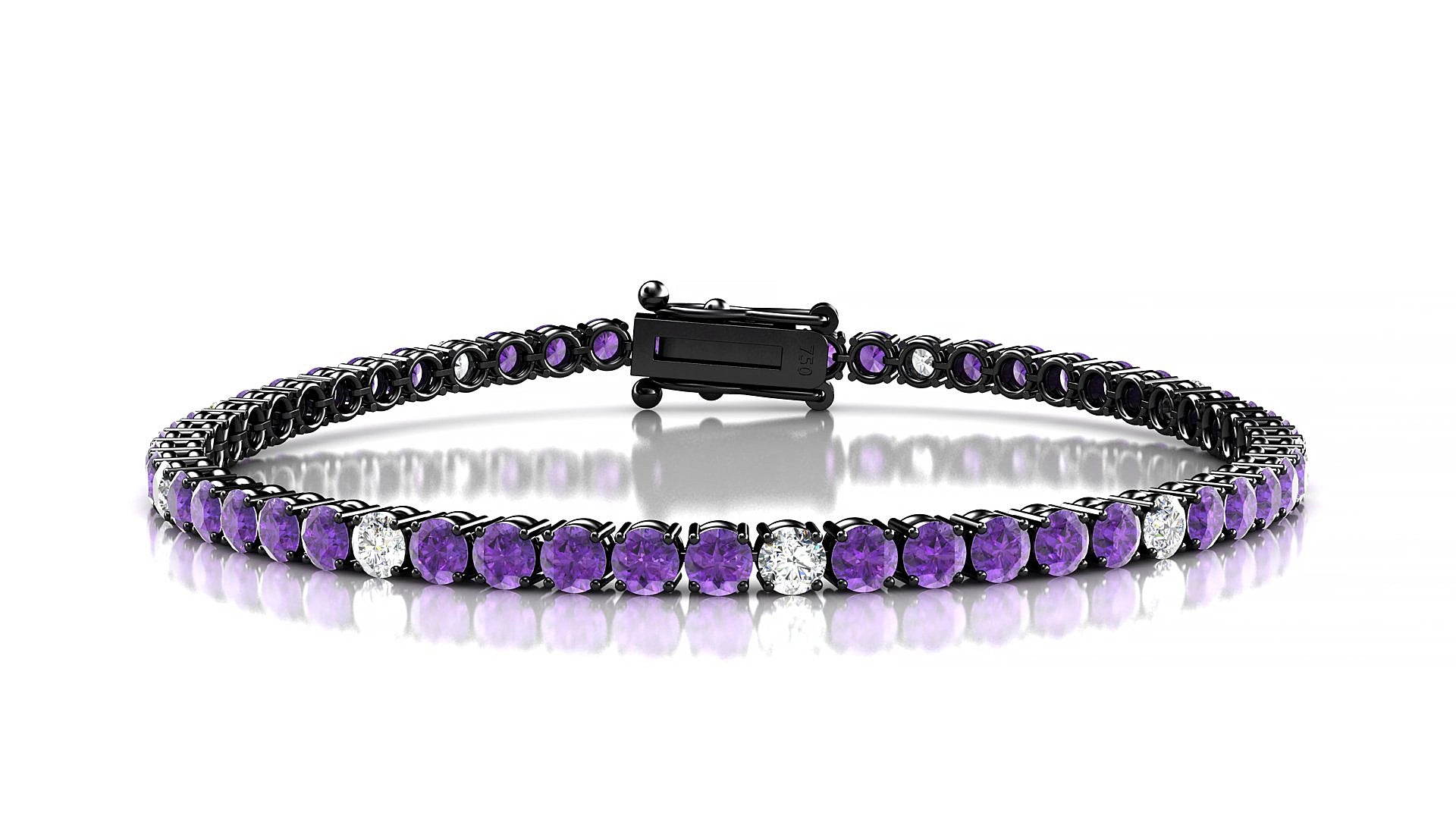 Capri 5-1 | 18k Black Gold 3 mm Round Natural Amethyst & Diamond 16 cm Tennis Bracelet