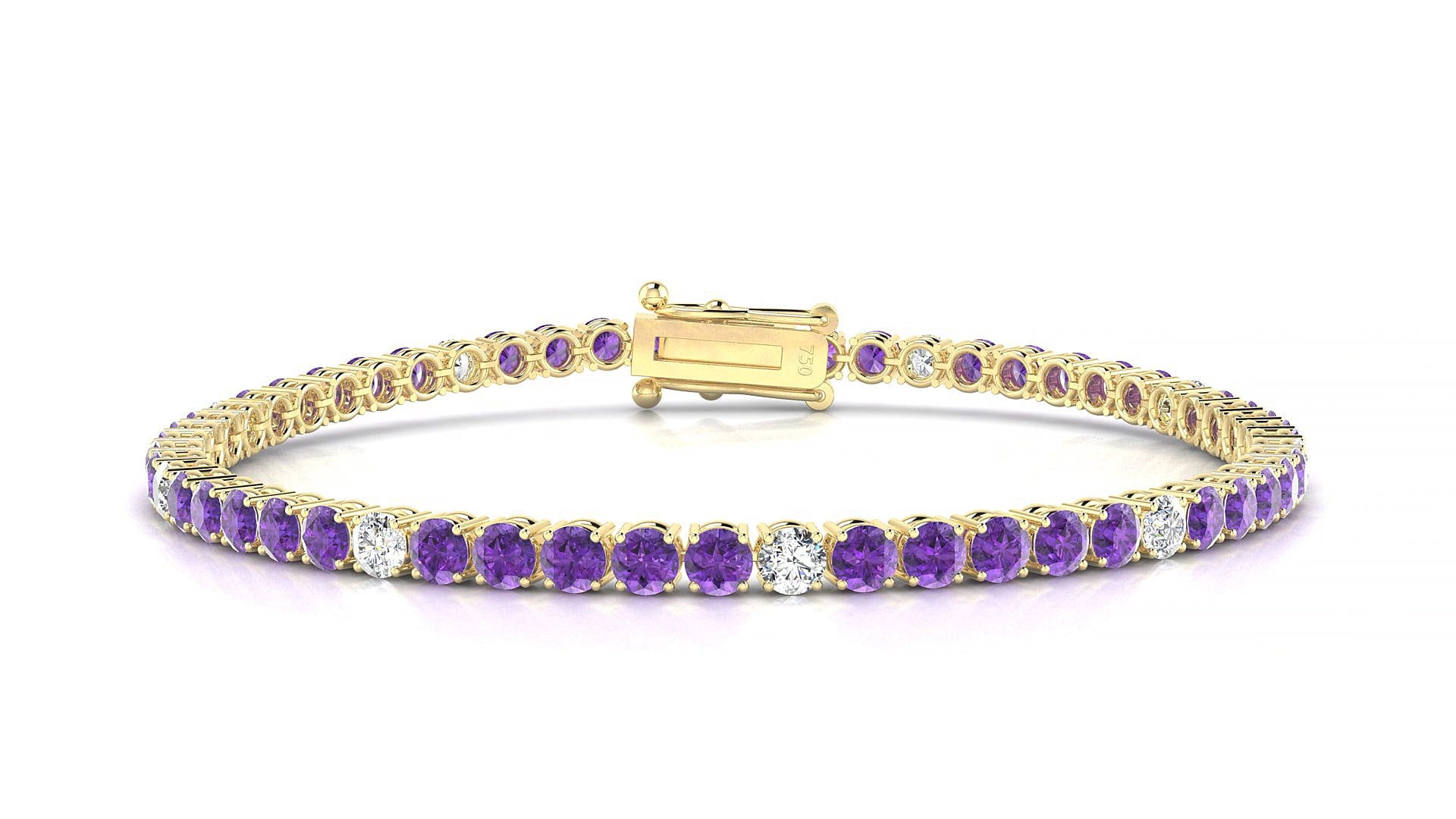 Capri 5-1 | 18k Yellow Gold 3 mm Round Natural Amethyst & Diamond 17 cm Tennis Bracelet