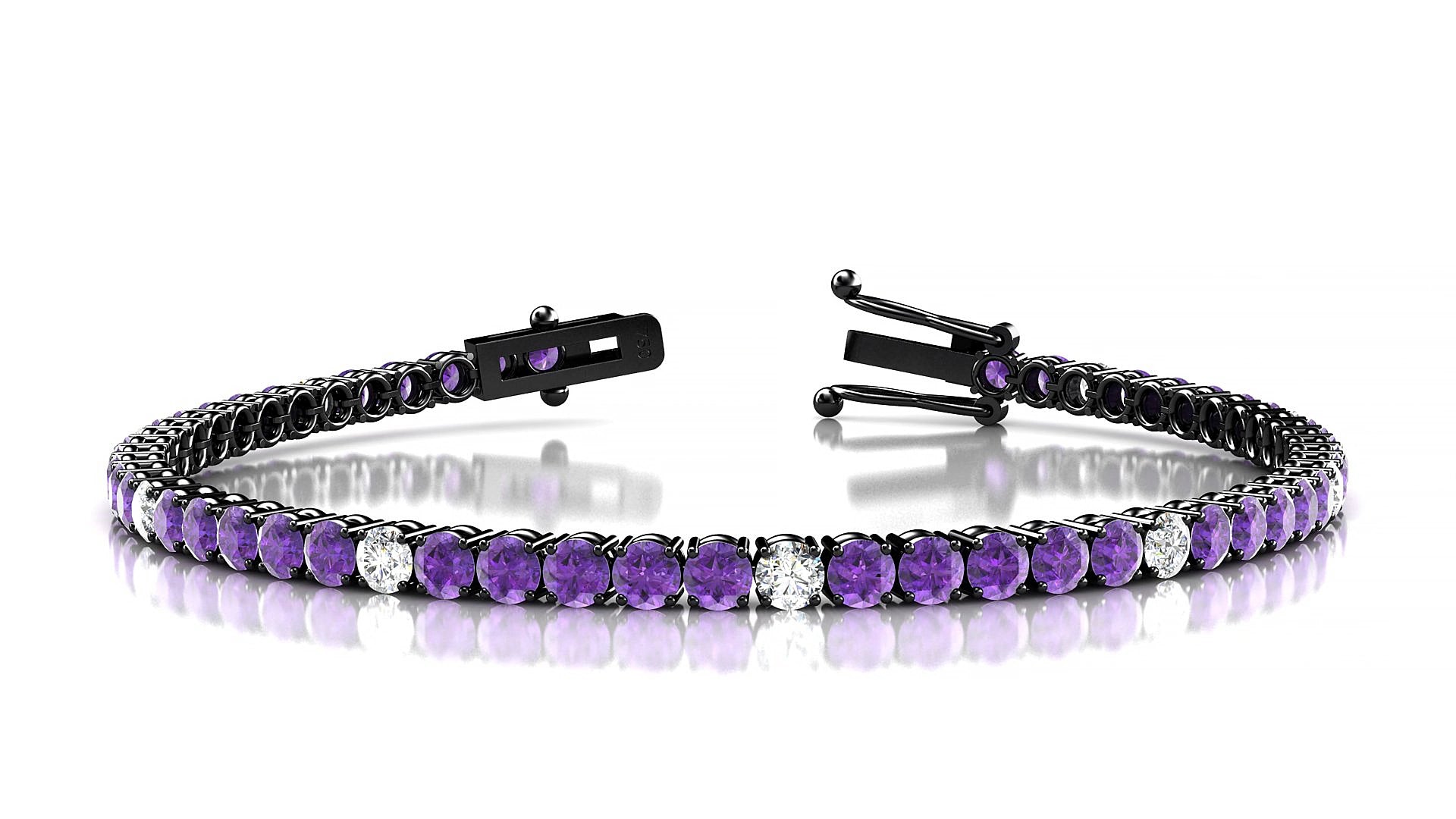 Capri 5-1 | 18k Black Gold 3 mm Round Natural Amethyst & Diamond 18 cm Tennis Bracelet