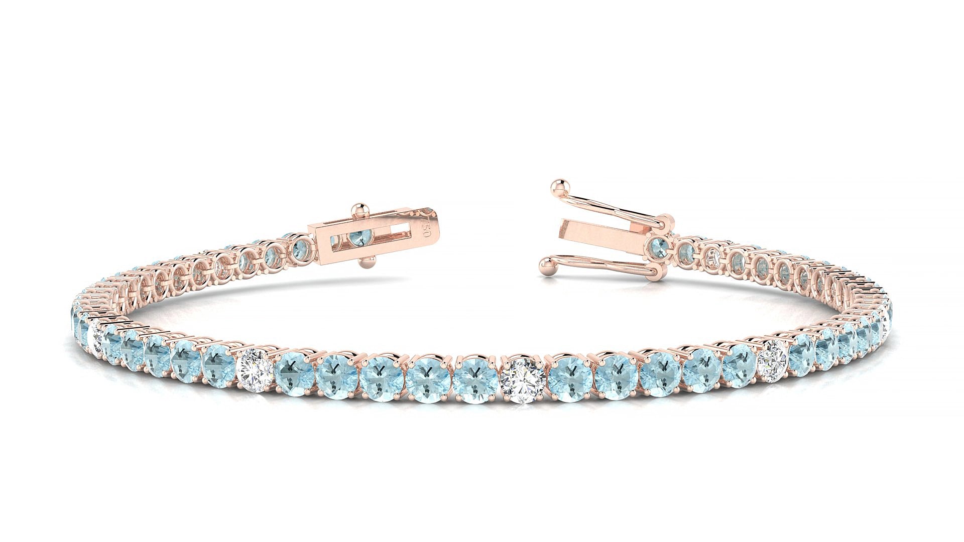 Capri 5-1 | 18k Rose Gold 3 mm Round Natural Aquamarine & Diamond 17 cm Tennis Bracelet