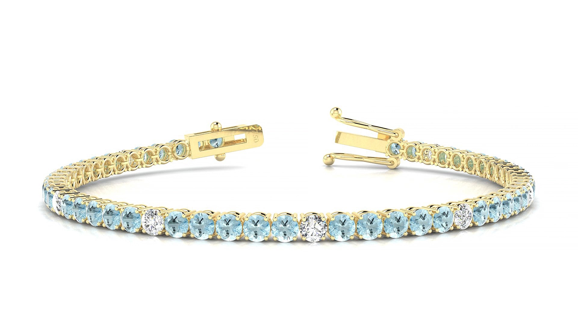 Capri 5-1 | 18k Yellow Gold 3 mm Round Natural Aquamarine & Diamond 15 cm Tennis Bracelet