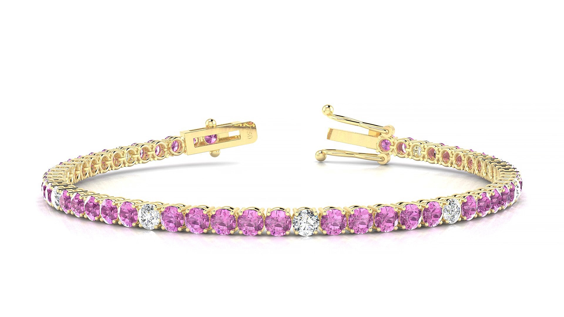 Capri 5-1 | 18k Yellow Gold 3 mm Round Natural Pink Sapphire & Diamond 20 cm Tennis Bracelet