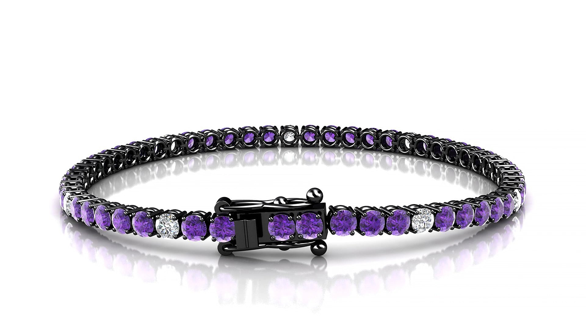 Capri 5-1 | 18k Black Gold 3 mm Round Natural Amethyst & Diamond 17 cm Tennis Bracelet