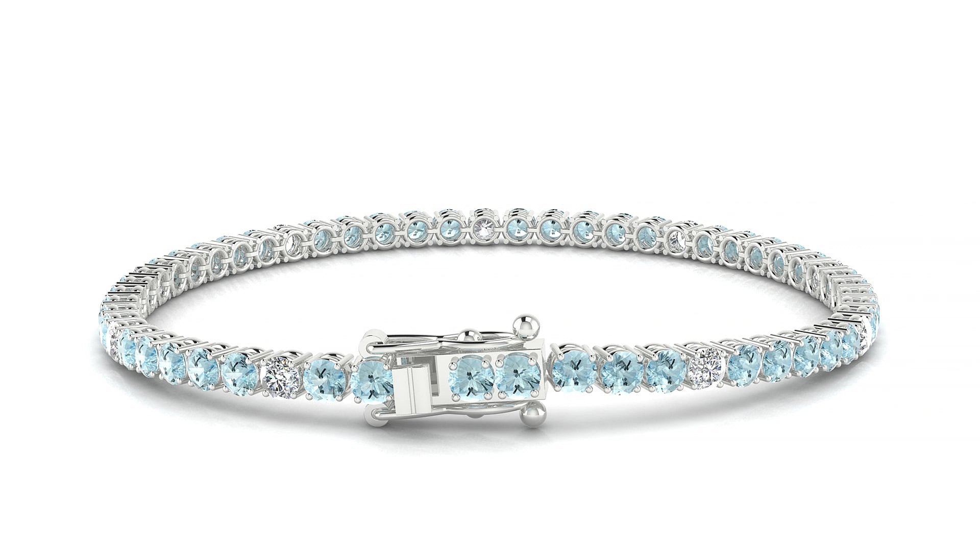 Capri 5-1 | 18k White Gold 3 mm Round Natural Aquamarine & Diamond 15 cm Tennis Bracelet