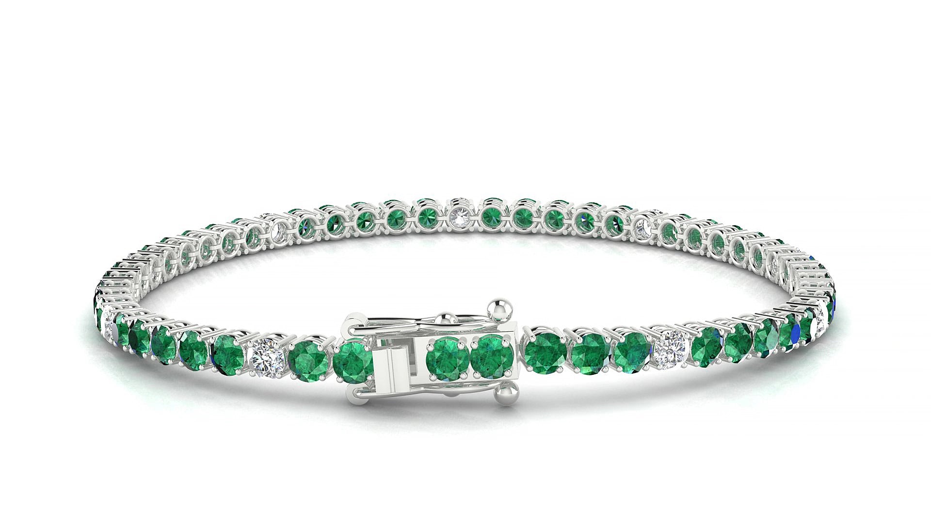 Capri 5-1 | 18k White Gold 3 mm Round Natural Emerald & Diamond 17 cm Tennis Bracelet