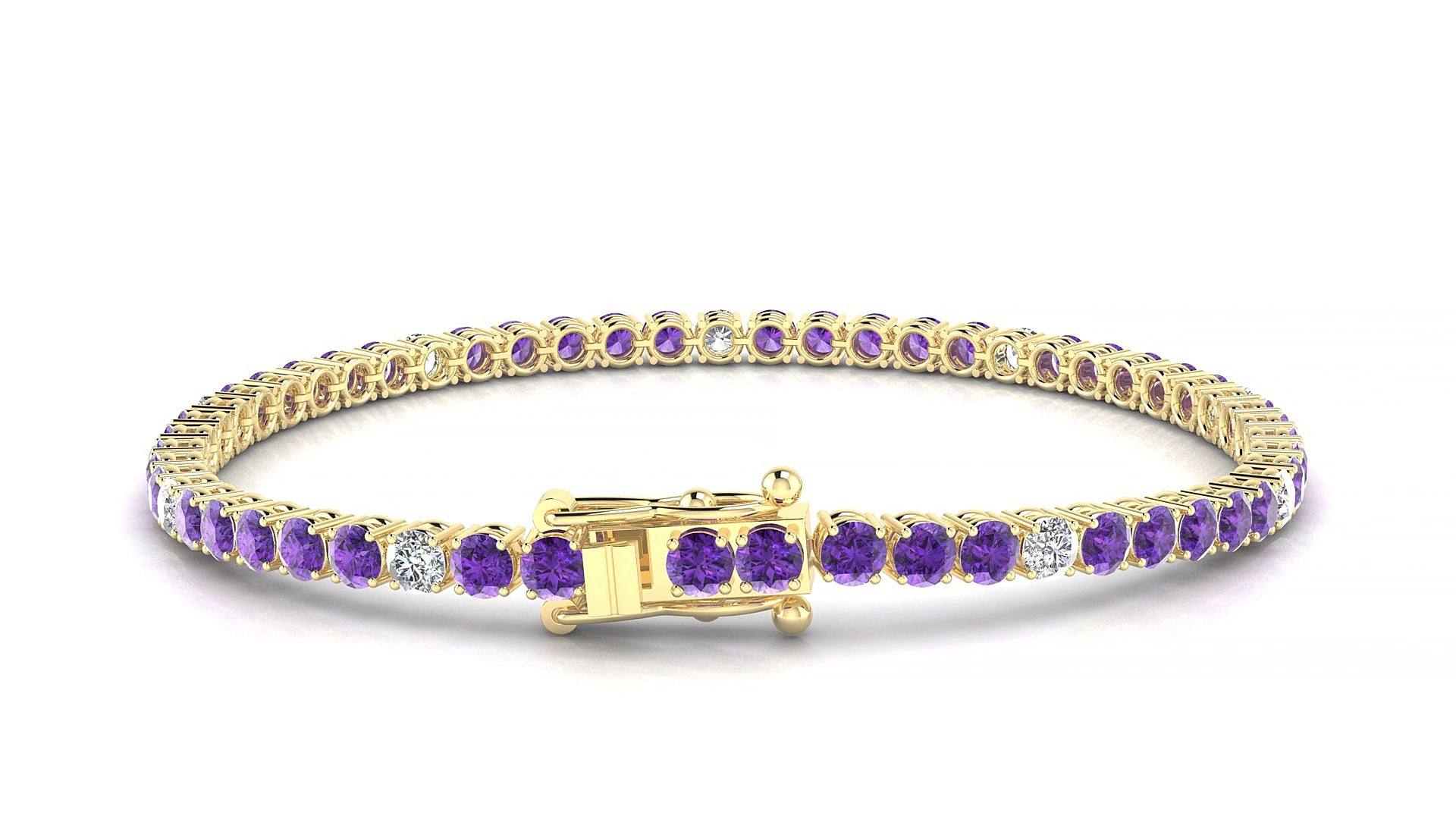Capri 5-1 | 18k Yellow Gold 3 mm Round Natural Amethyst & Diamond 17 cm Tennis Bracelet