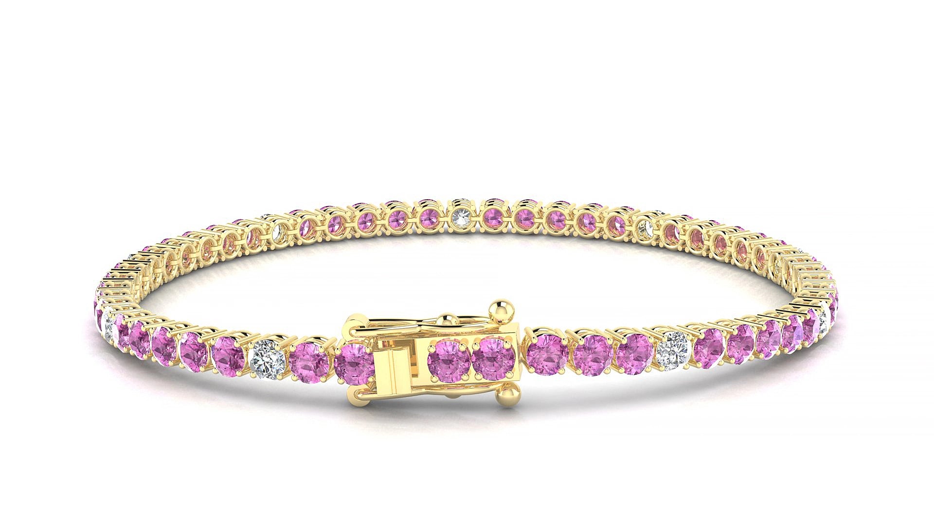 Capri 5-1 | 18k Yellow Gold 3 mm Round Natural Pink Sapphire & Diamond 17 cm Tennis Bracelet