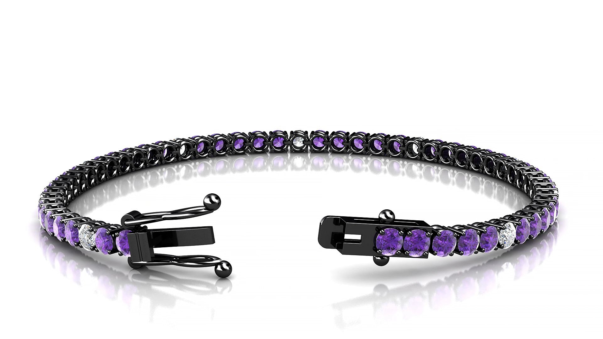 Capri 5-1 | 18k Black Gold 3 mm Round Natural Amethyst & Diamond 17 cm Tennis Bracelet