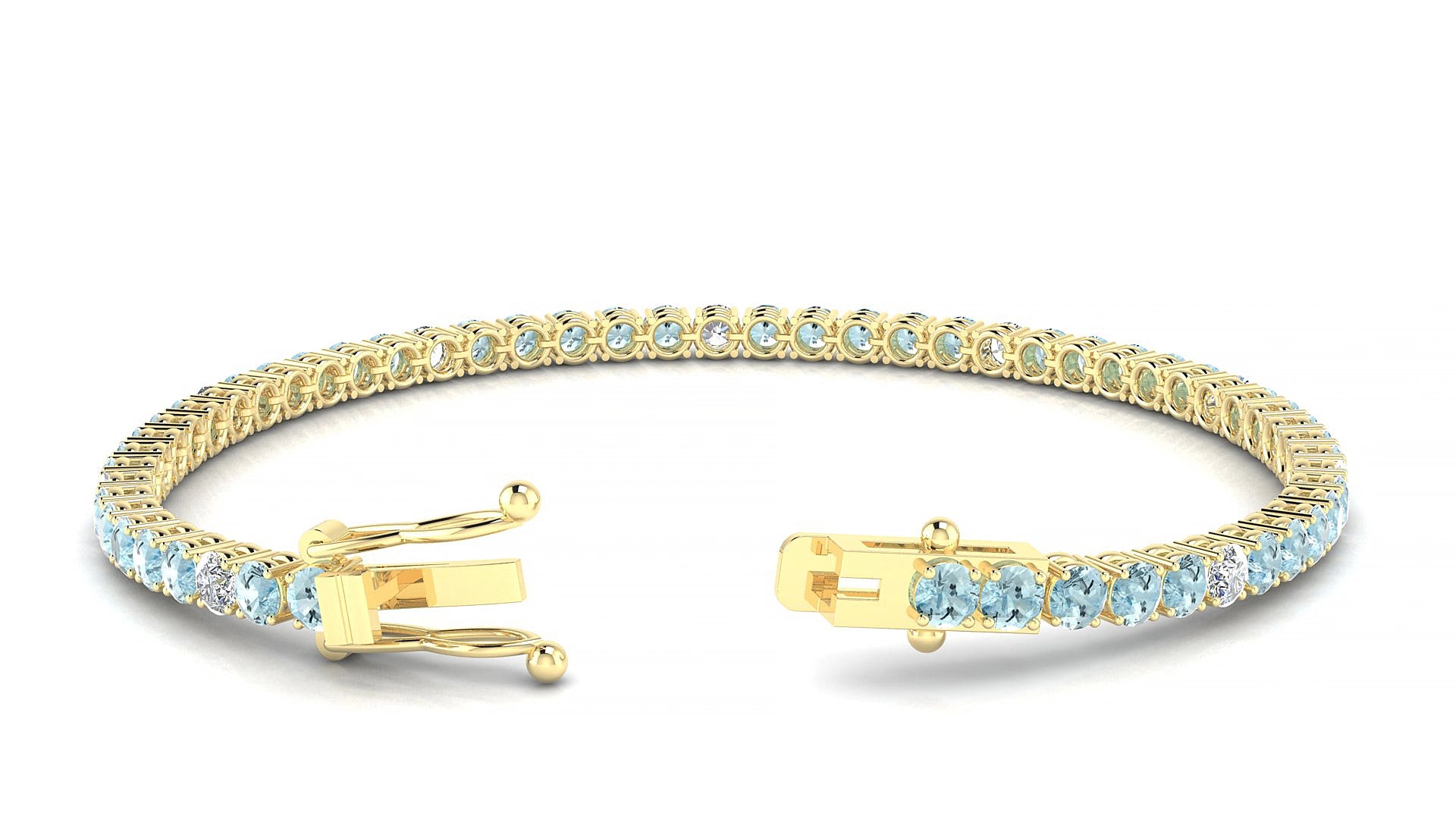 Capri 5-1 | 18k Yellow Gold 3 mm Round Natural Aquamarine & Diamond 17 cm Tennis Bracelet