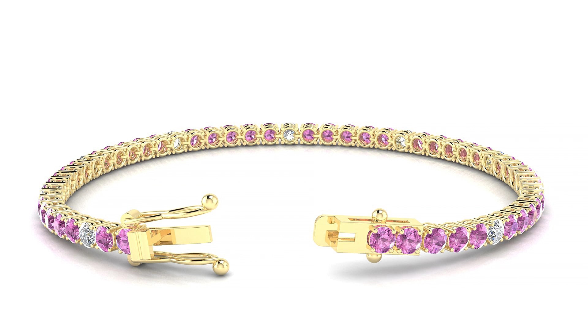 Capri 5-1 | 18k Yellow Gold 3 mm Round Natural Pink Sapphire & Diamond 16 cm Tennis Bracelet