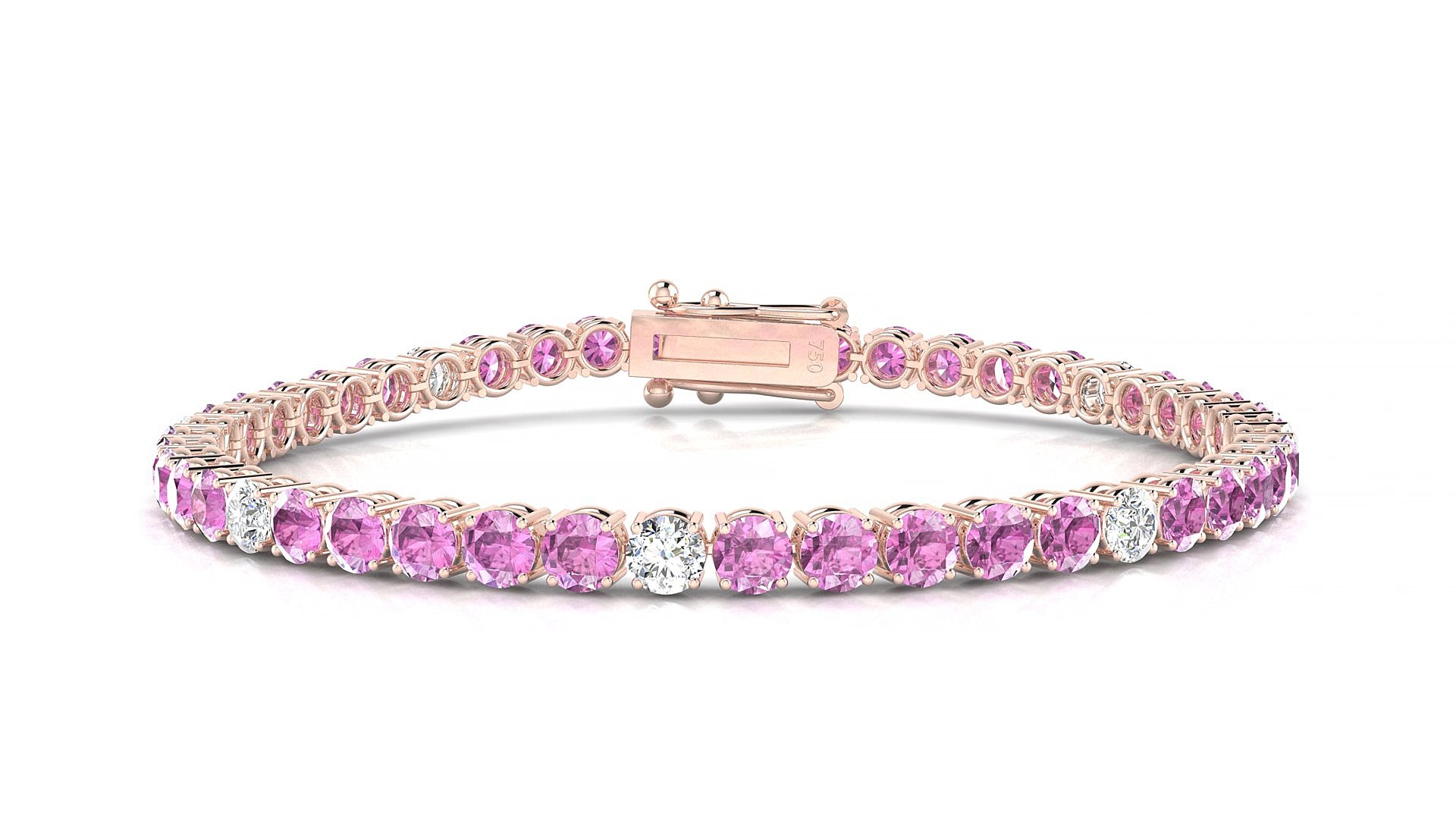 Capri 5-1 | 18k Rose Gold 3.4 mm Round Natural Pink Sapphire & Diamond 17 cm Tennis Bracelet
