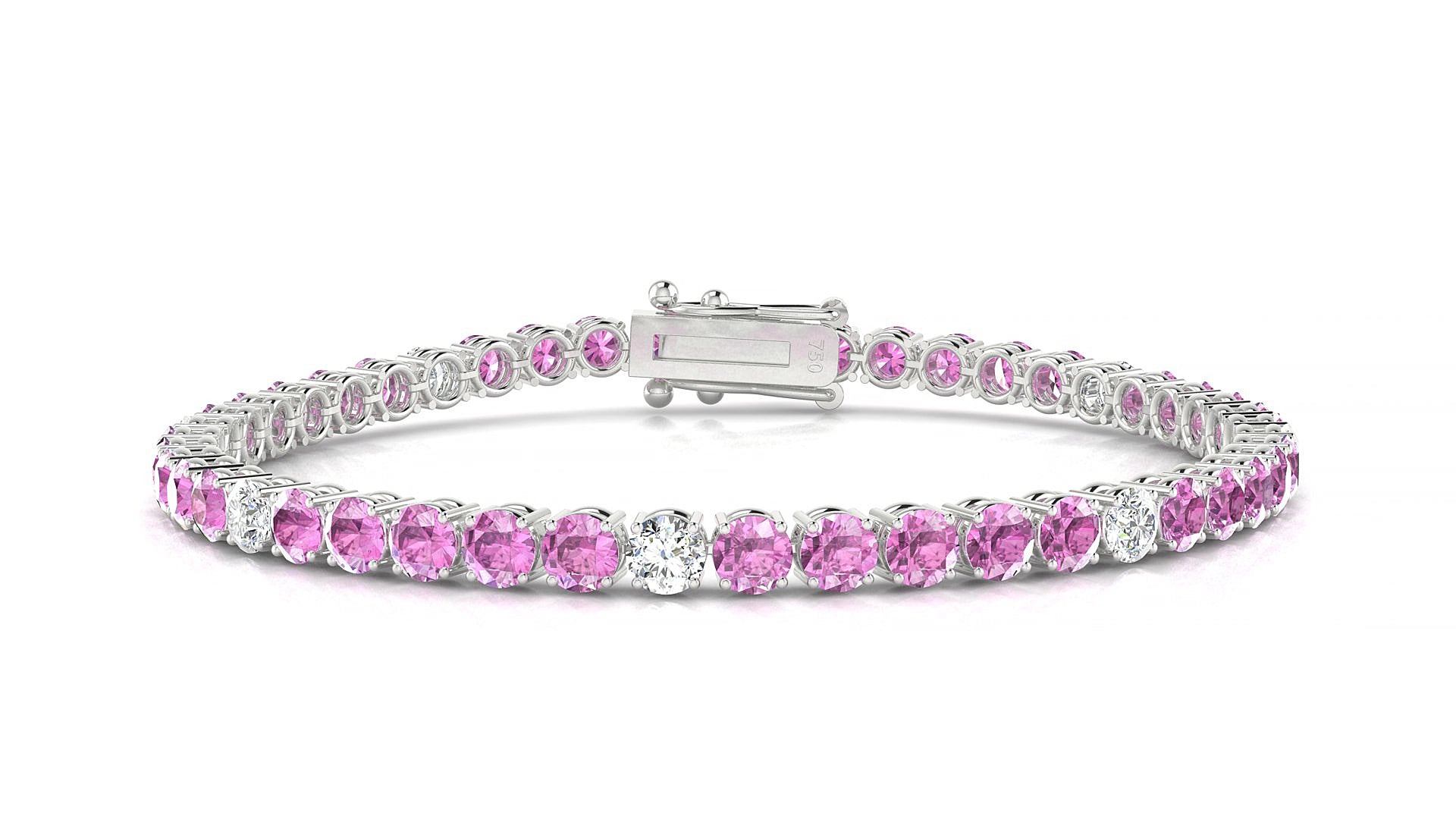 Capri 5-1 | 18k White Gold 3.4 mm Round Natural Pink Sapphire & Diamond 15 cm Tennis Bracelet