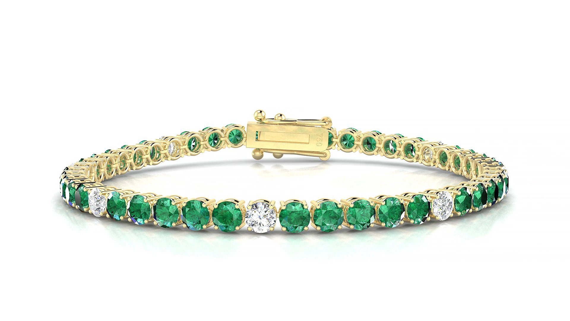 Capri 5-1 | 18k Yellow Gold 3.4 mm Round Natural Emerald & Diamond 19 cm Tennis Bracelet