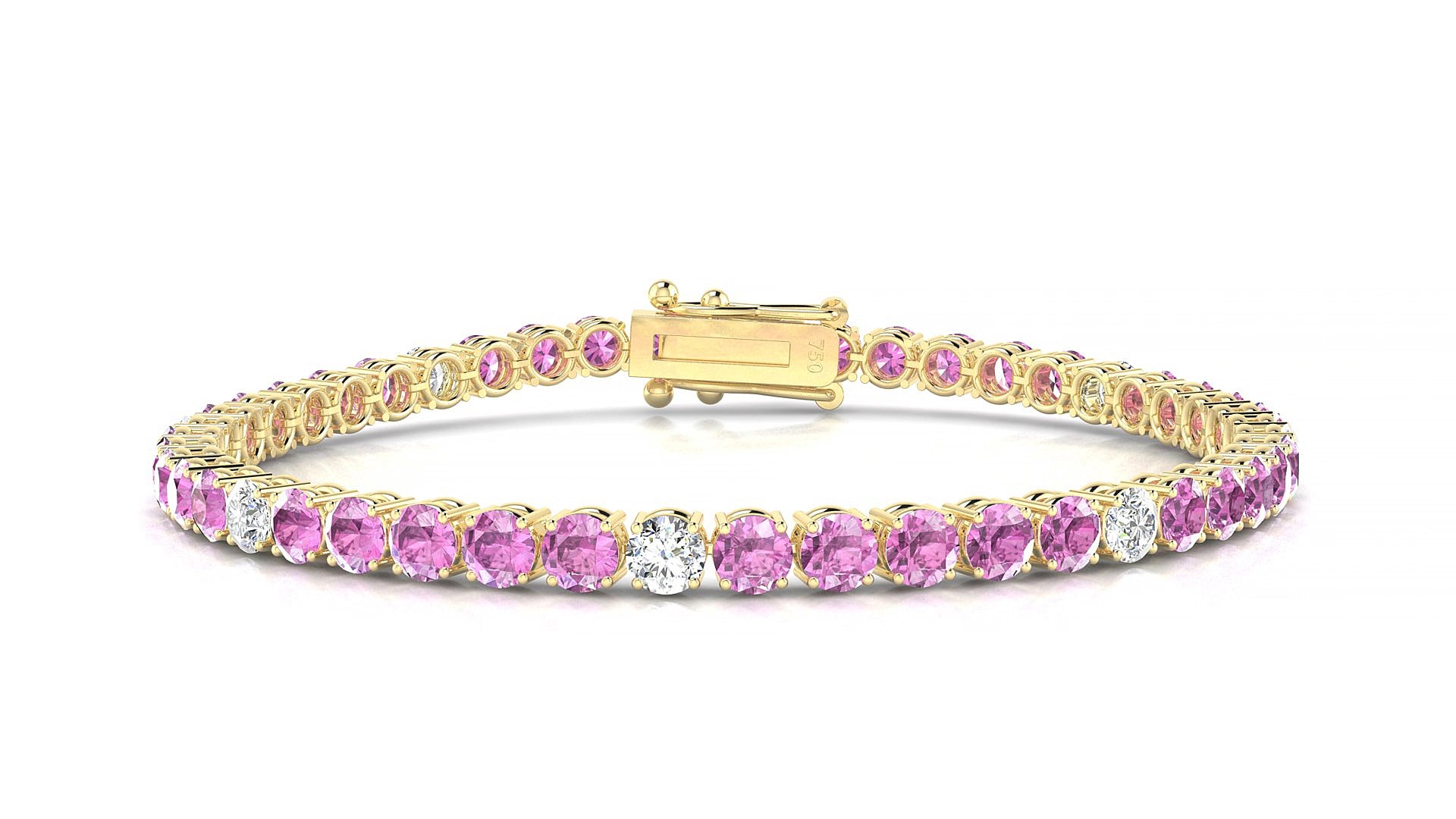 Capri 5-1 | 18k Yellow Gold 3.4 mm Round Natural Pink Sapphire & Diamond 19 cm Tennis Bracelet