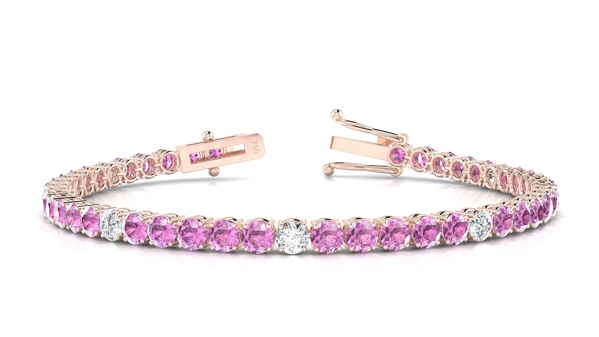 Capri 5-1 | 18k Rose Gold 3.4 mm Round Natural Pink Sapphire & Diamond 19 cm Tennis Bracelet