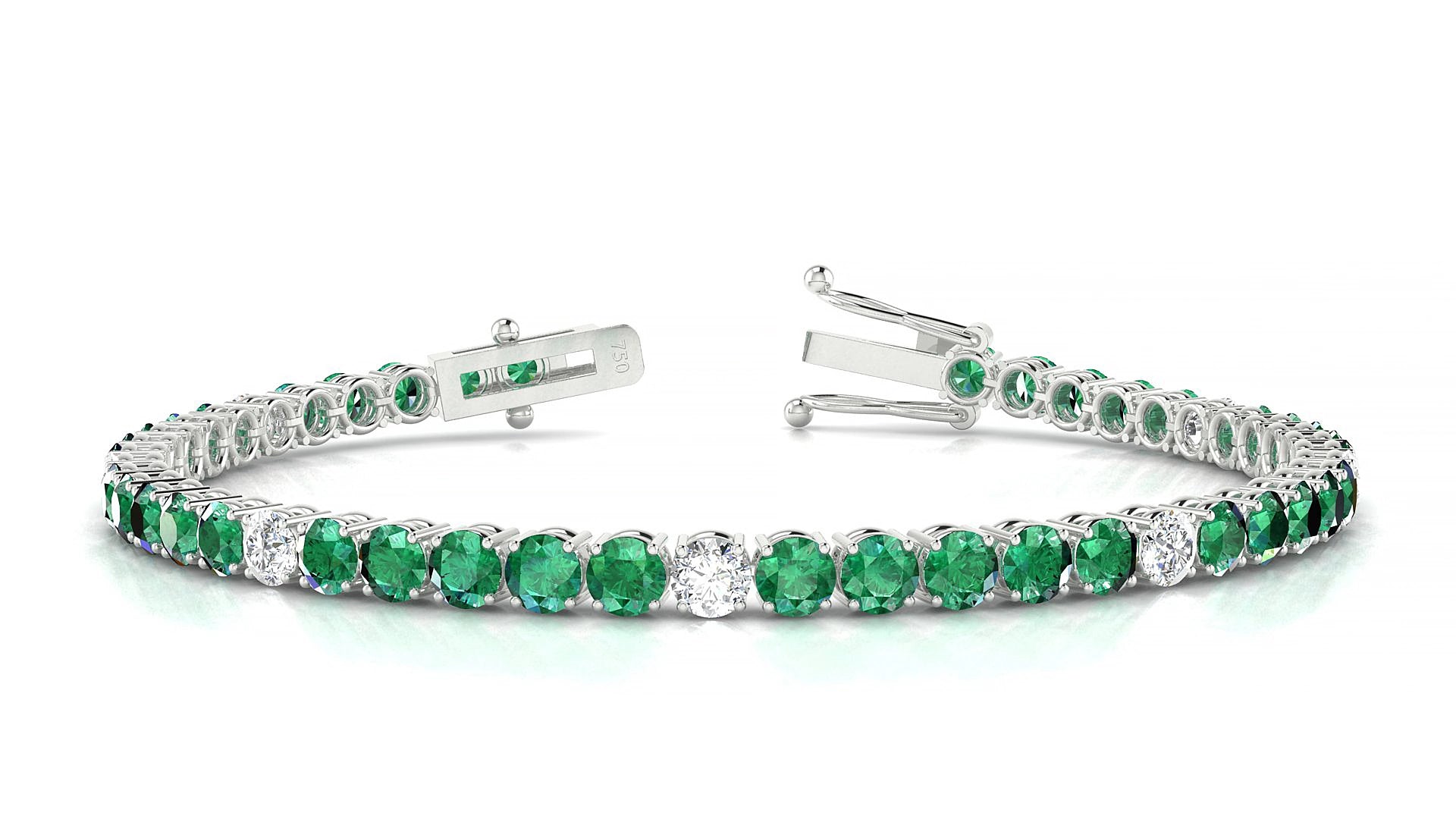 Capri 5-1 | 18k White Gold 3.4 mm Round Natural Emerald & Diamond 15 cm Tennis Bracelet