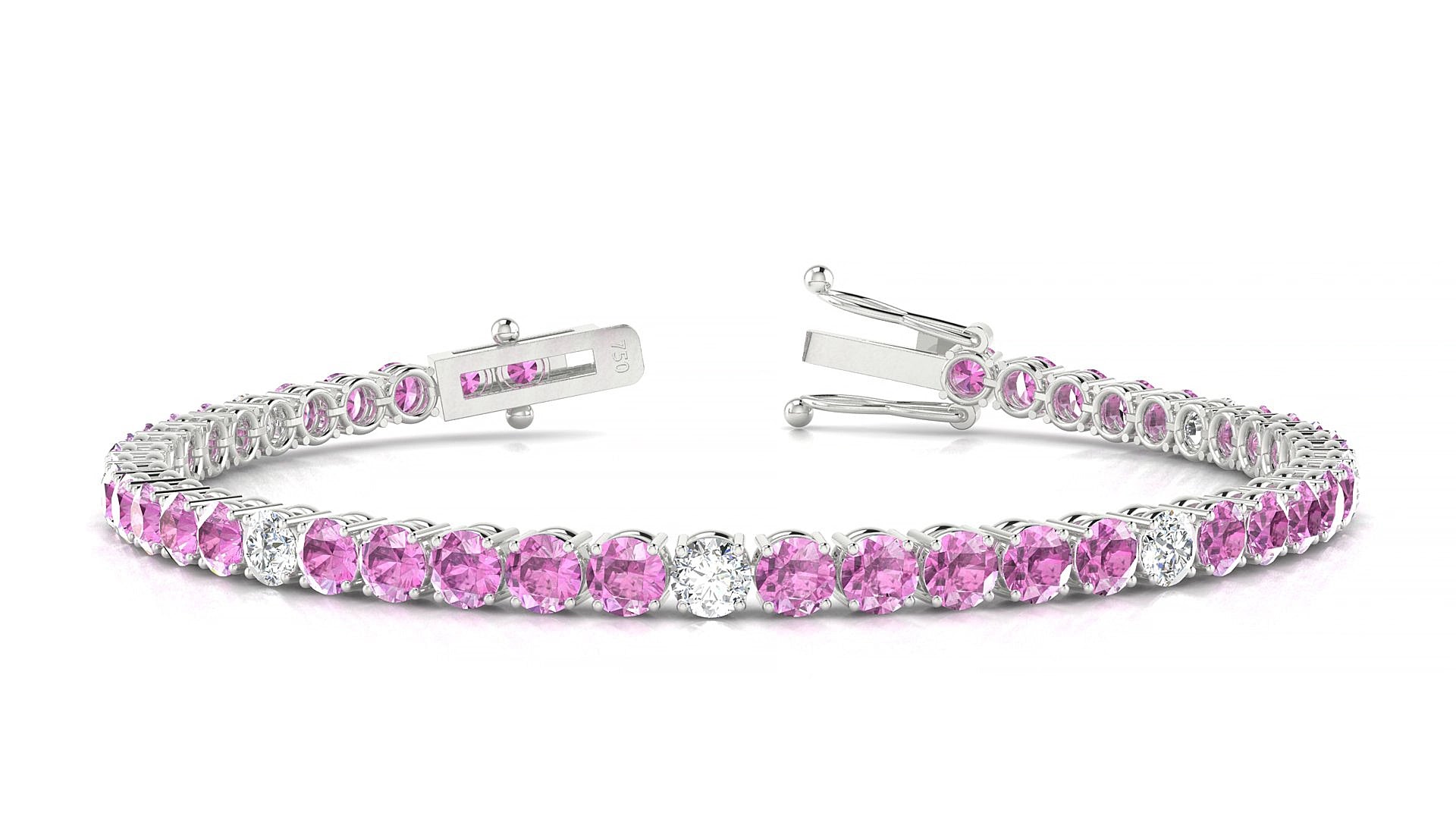 Capri 5-1 | 18k White Gold 3.4 mm Round Natural Pink Sapphire & Diamond 15 cm Tennis Bracelet