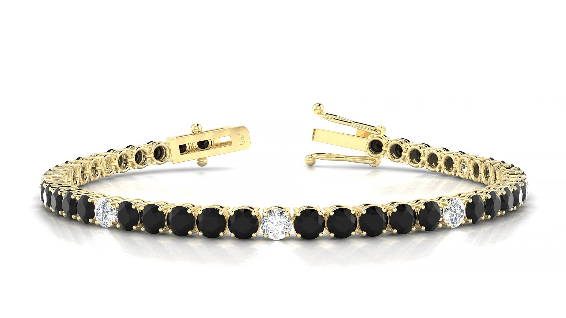 Capri 5-1 | 18k Yellow Gold 3.4 mm Round Natural Black Diamond & Diamond 15 cm Tennis Bracelet