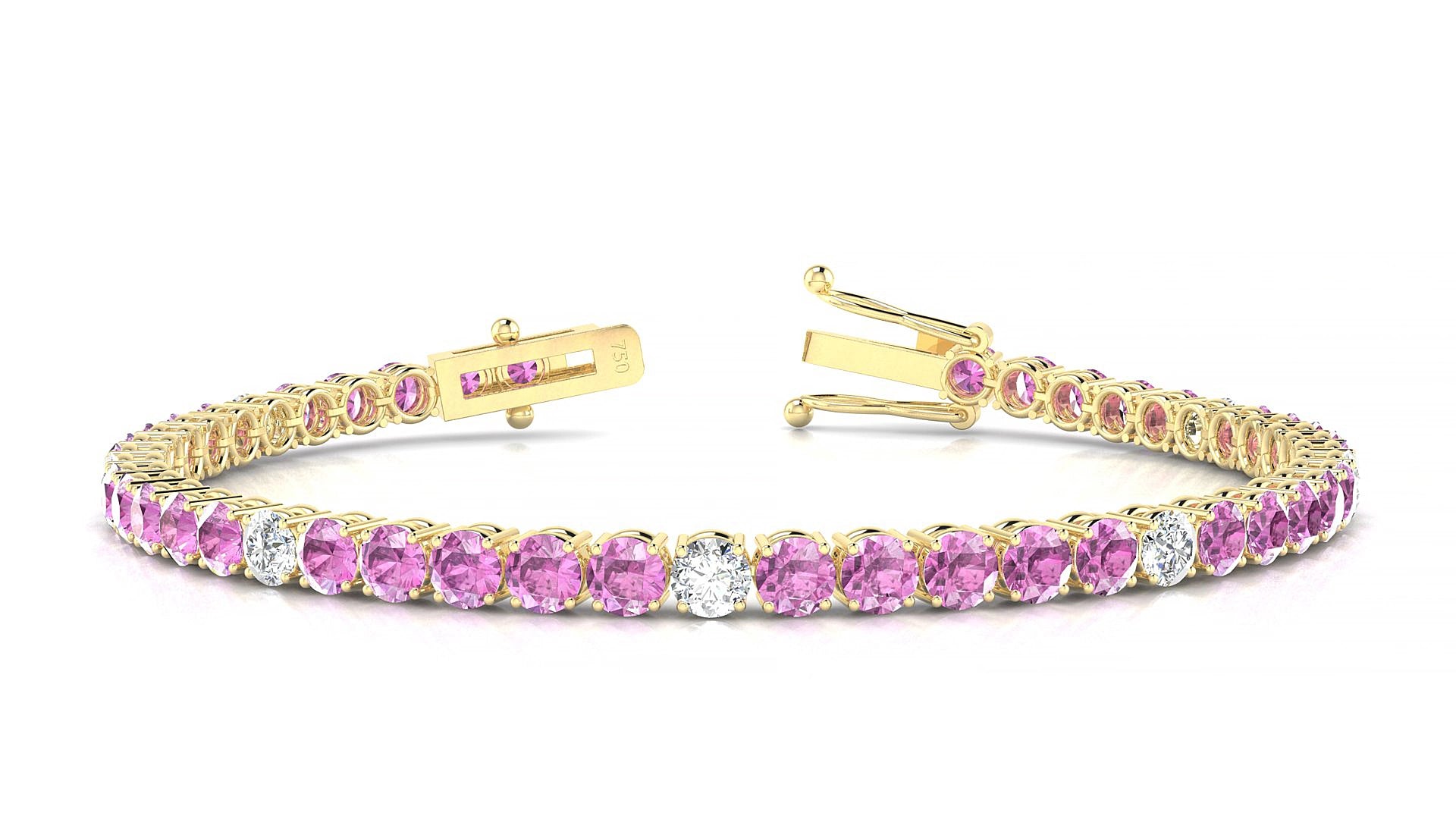 Capri 5-1 | 18k Yellow Gold 3.4 mm Round Natural Pink Sapphire & Diamond 15 cm Tennis Bracelet