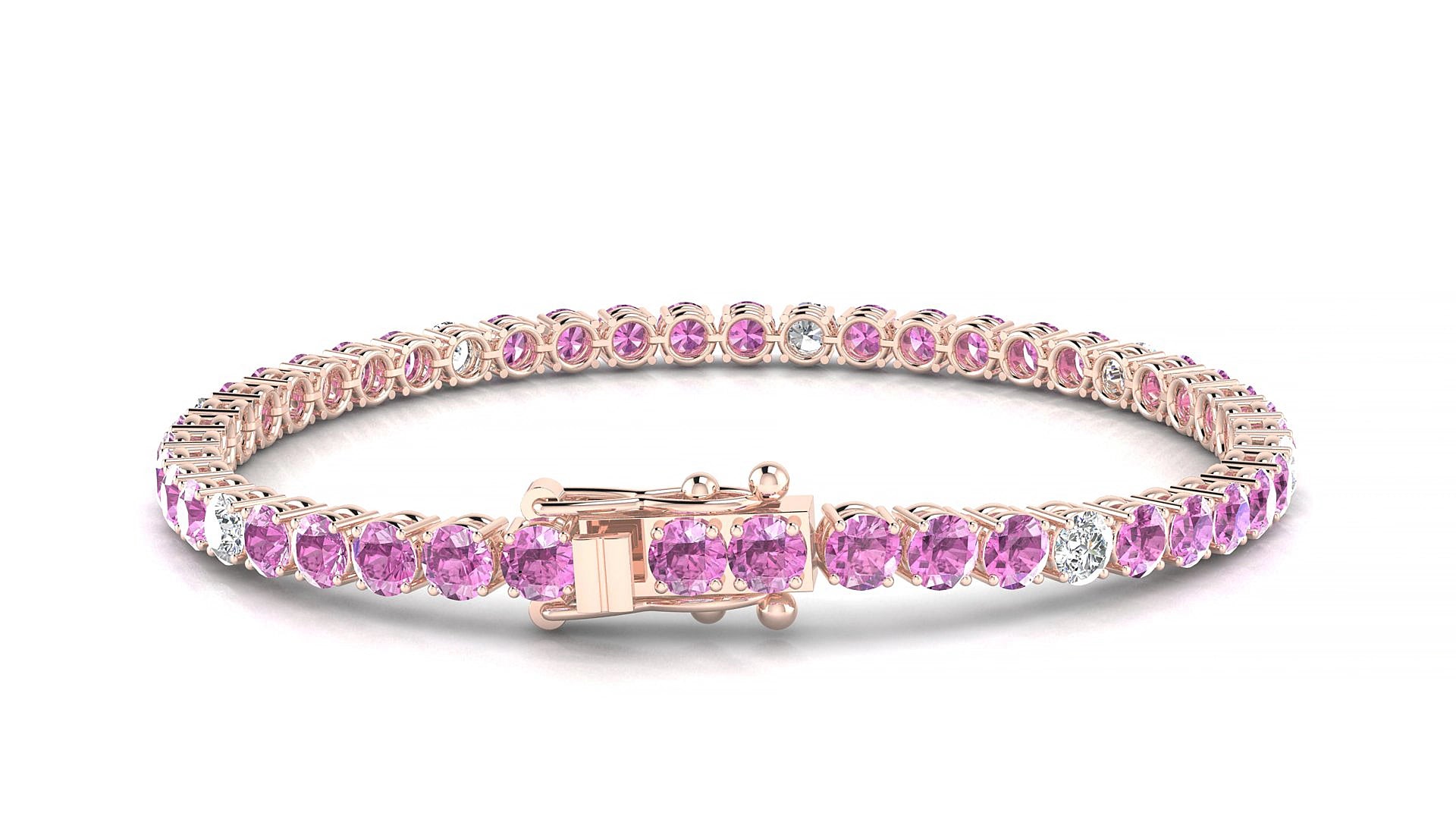 Capri 5-1 | 18k Rose Gold 3.4 mm Round Natural Pink Sapphire & Diamond 19 cm Tennis Bracelet
