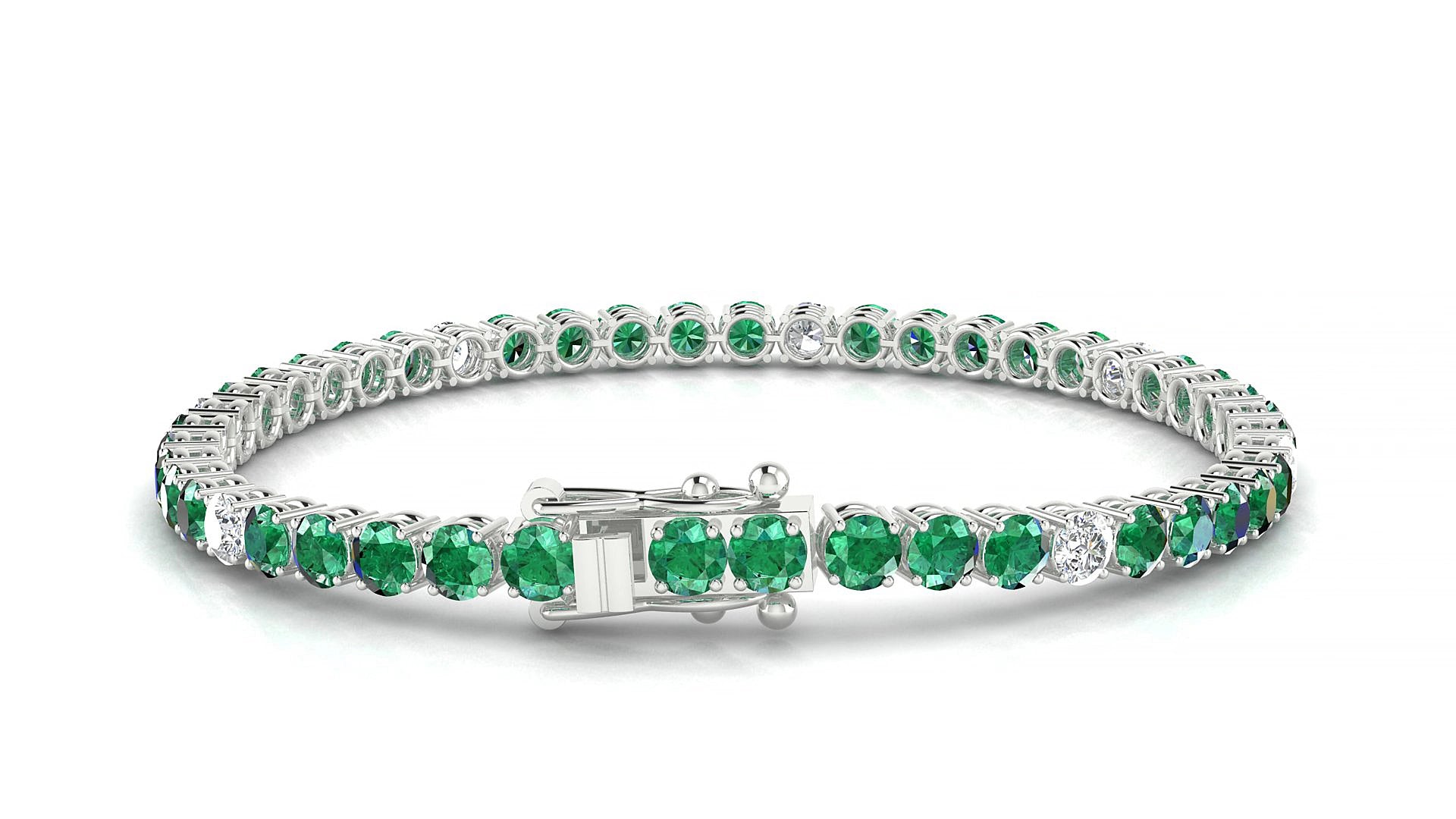 Capri 5-1 | 18k White Gold 3.4 mm Round Natural Emerald & Diamond 16 cm Tennis Bracelet