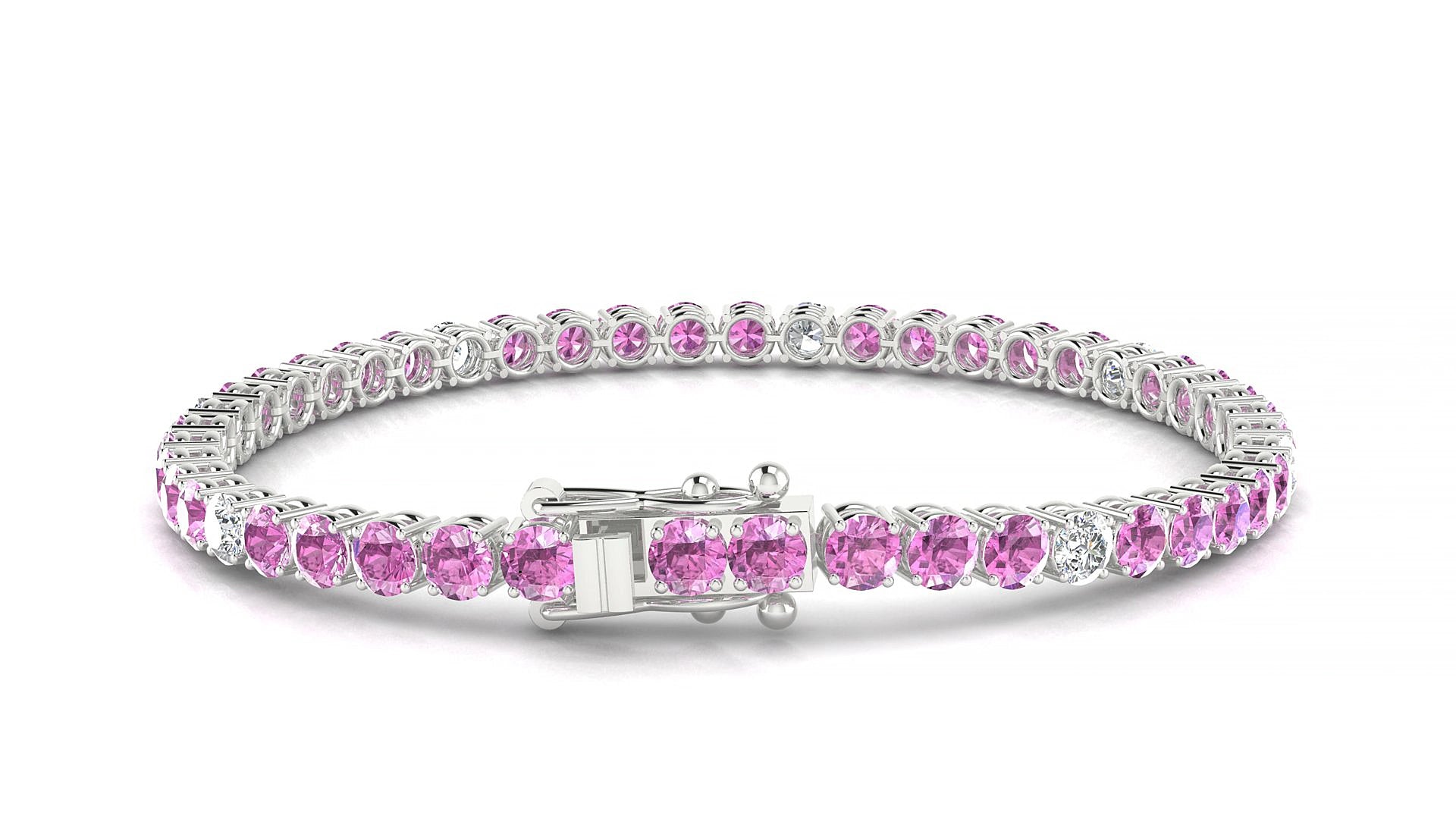 Capri 5-1 | 18k White Gold 3.4 mm Round Natural Pink Sapphire & Diamond 15 cm Tennis Bracelet
