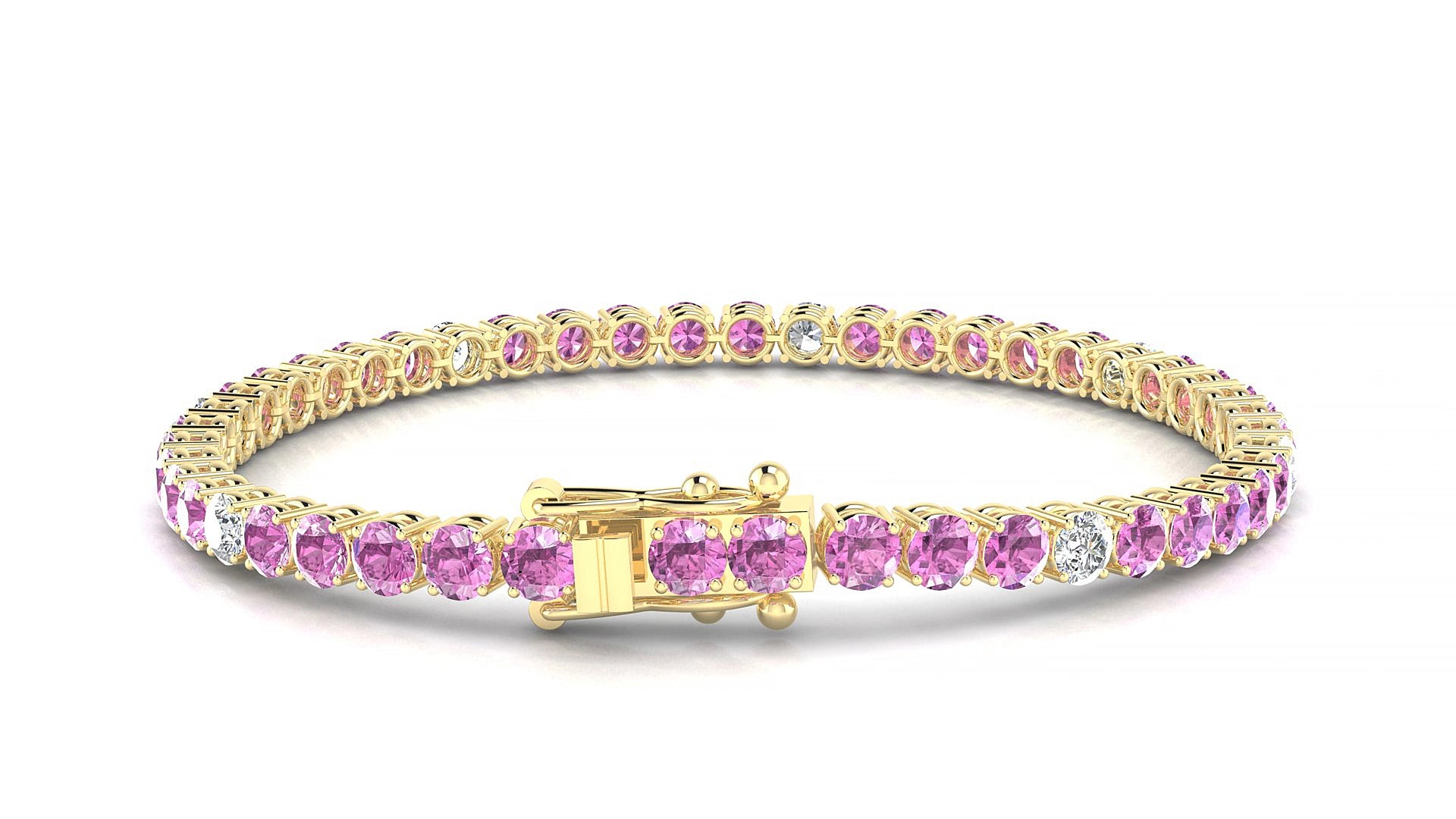 Capri 5-1 | 18k Yellow Gold 3.4 mm Round Natural Pink Sapphire & Diamond 20 cm Tennis Bracelet