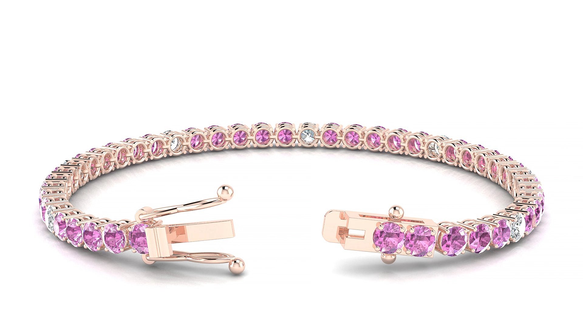 Capri 5-1 | 18k Rose Gold 3.4 mm Round Natural Pink Sapphire & Diamond 15 cm Tennis Bracelet