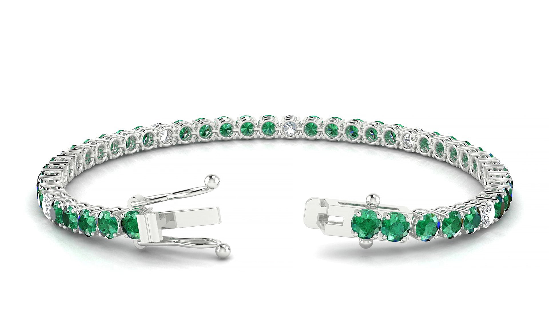 Capri 5-1 | 18k White Gold 3.4 mm Round Natural Emerald & Diamond 15 cm Tennis Bracelet