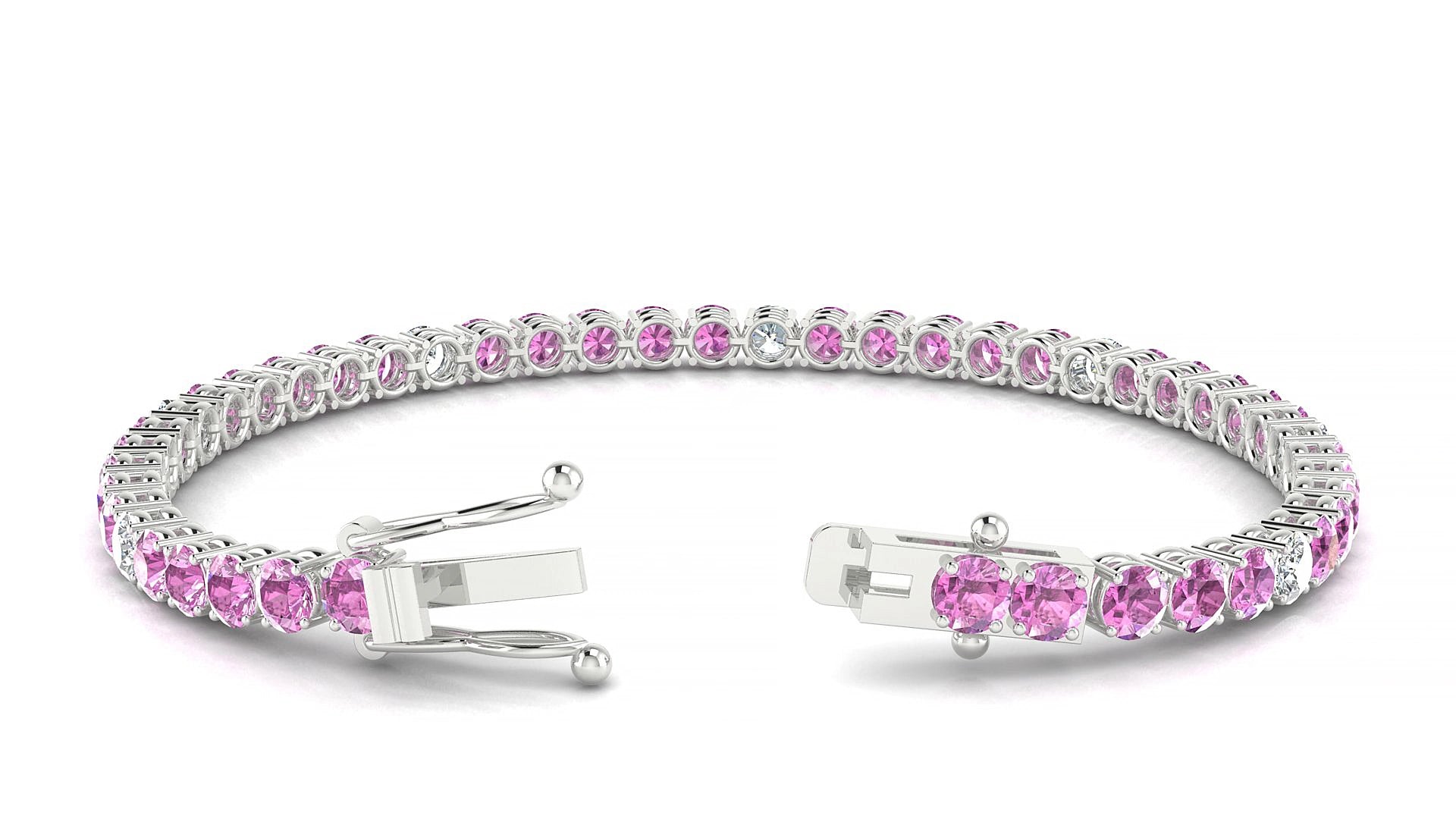Capri 5-1 | 18k White Gold 3.4 mm Round Natural Pink Sapphire & Diamond 15 cm Tennis Bracelet