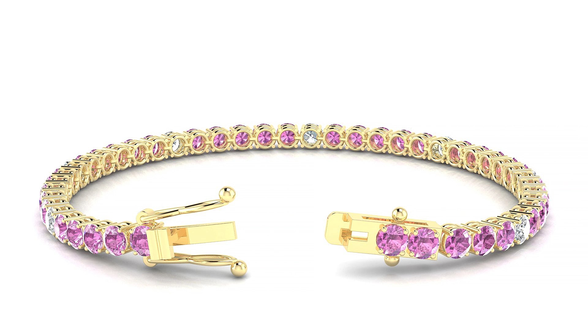 Capri 5-1 | 18k Yellow Gold 3.4 mm Round Natural Pink Sapphire & Diamond 19 cm Tennis Bracelet