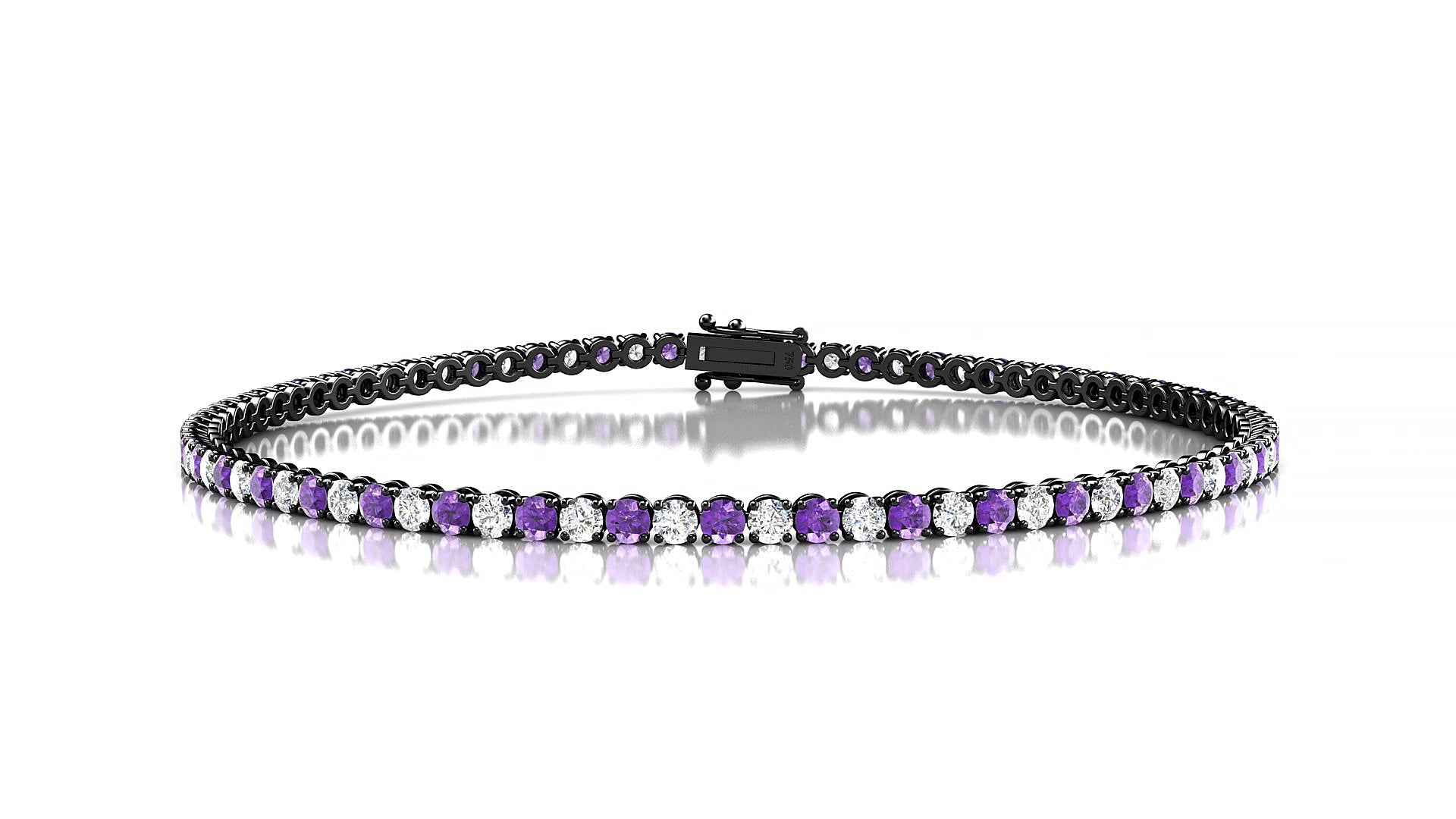 Firenze 1-1 | 18k Black Gold 2 mm Round Natural Amethyst & Diamond 19 cm Tennis Bracelet