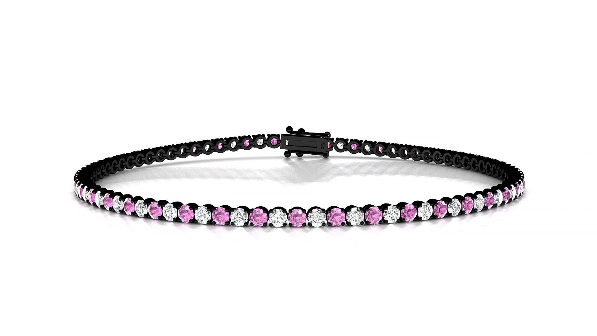 Firenze 1-1 | 18k Black Gold 2 mm Round Natural Pink Sapphire & Diamond 15 cm Tennis Bracelet
