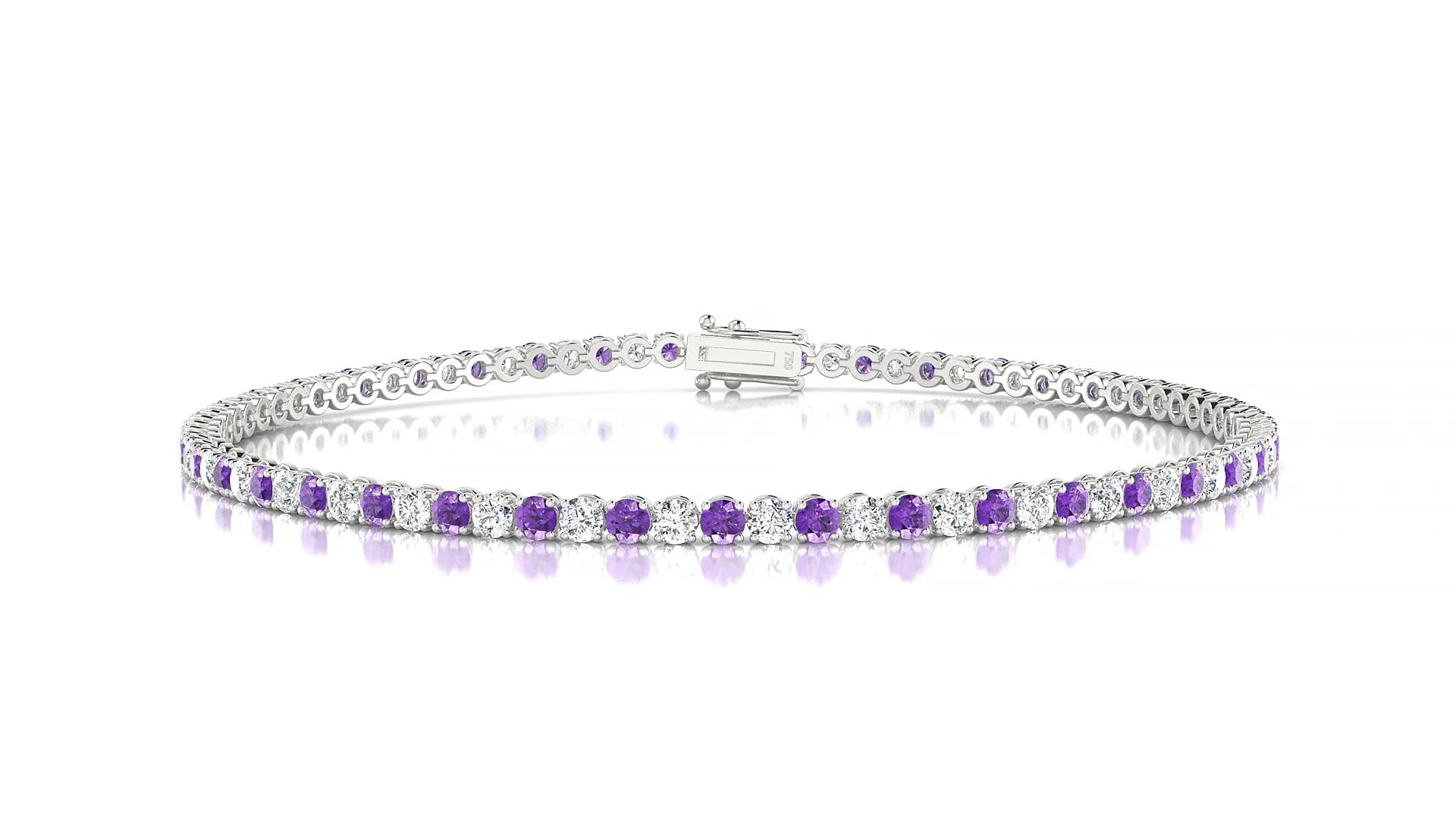 Firenze 1-1 | 18k White Gold 2 mm Round Natural Amethyst & Diamond Tennis Bracelet