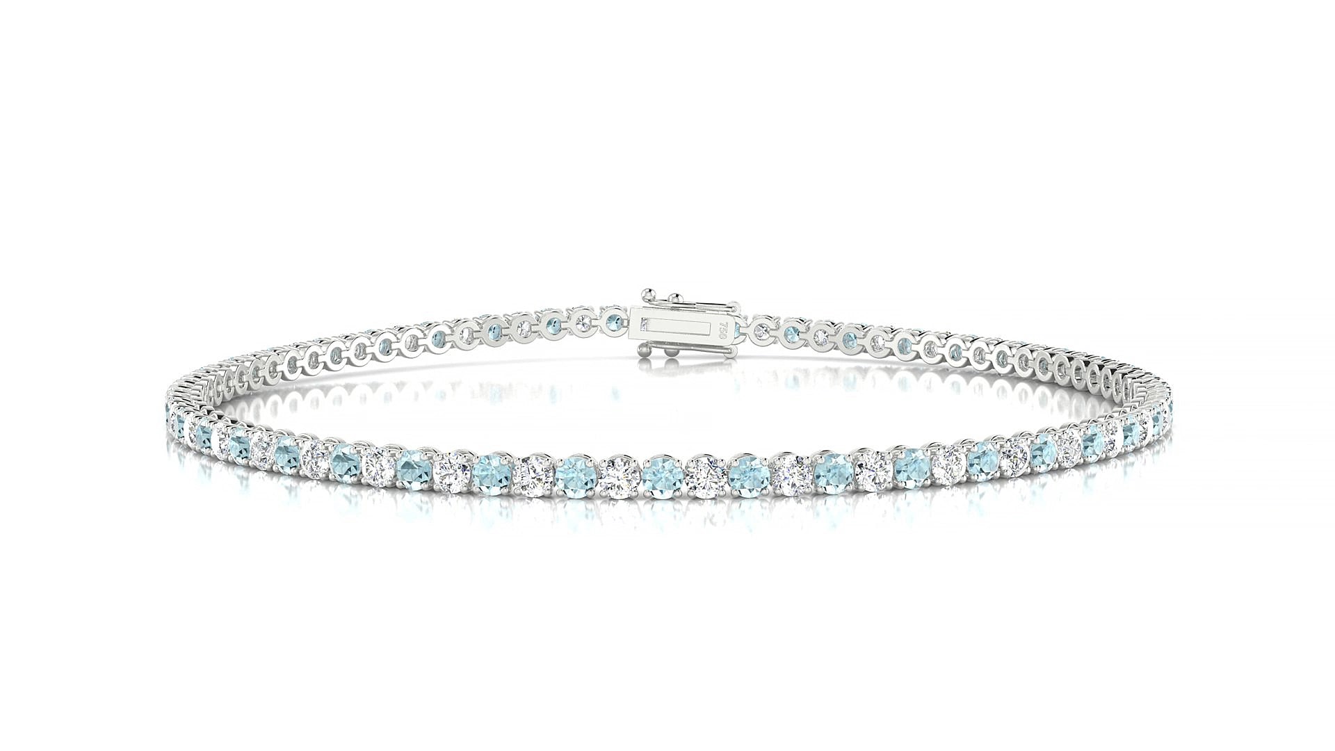 Firenze 1-1 | 18k White Gold 2 mm Round Natural Aquamarine & Diamond 17 cm Tennis Bracelet