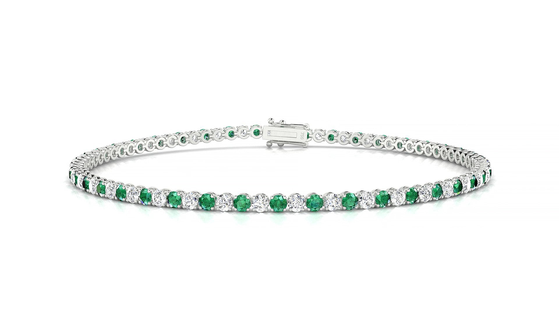Firenze 1-1 | 18k White Gold 2 mm Round Natural Emerald & Diamond 19 cm Tennis Bracelet