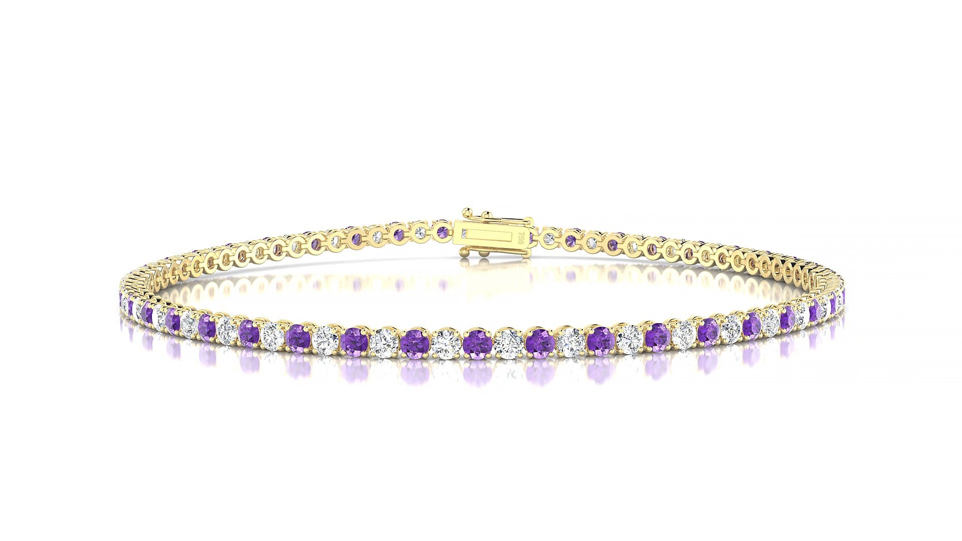 Firenze 1-1 | 18k Yellow Gold 2 mm Round Natural Amethyst & Diamond 15 cm Tennis Bracelet