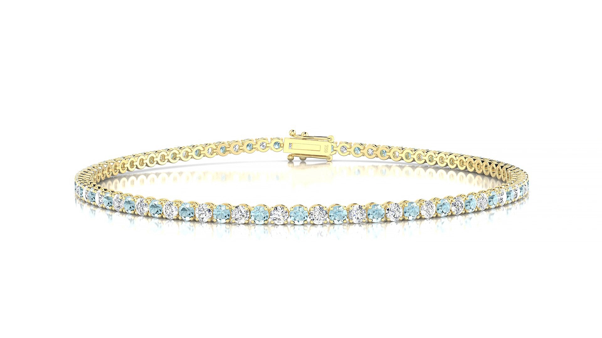 Firenze 1-1 | 18k Yellow Gold 2 mm Round Natural Aquamarine & Diamond 17 cm Tennis Bracelet