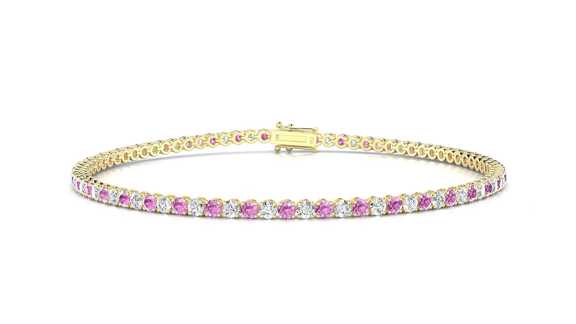 Firenze 1-1 | 18k Yellow Gold 2 mm Round Natural Pink Sapphire & Diamond 15 cm Tennis Bracelet