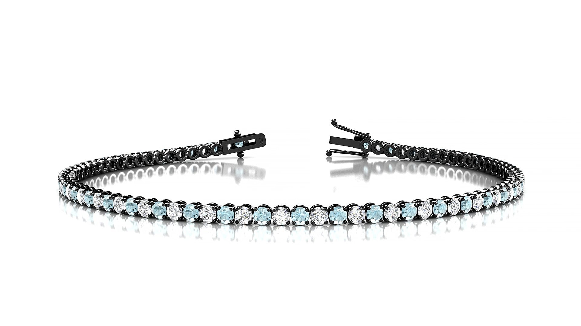 Firenze 1-1 | 18k Black Gold 2 mm Round Natural Aquamarine & Diamond 15 cm Tennis Bracelet