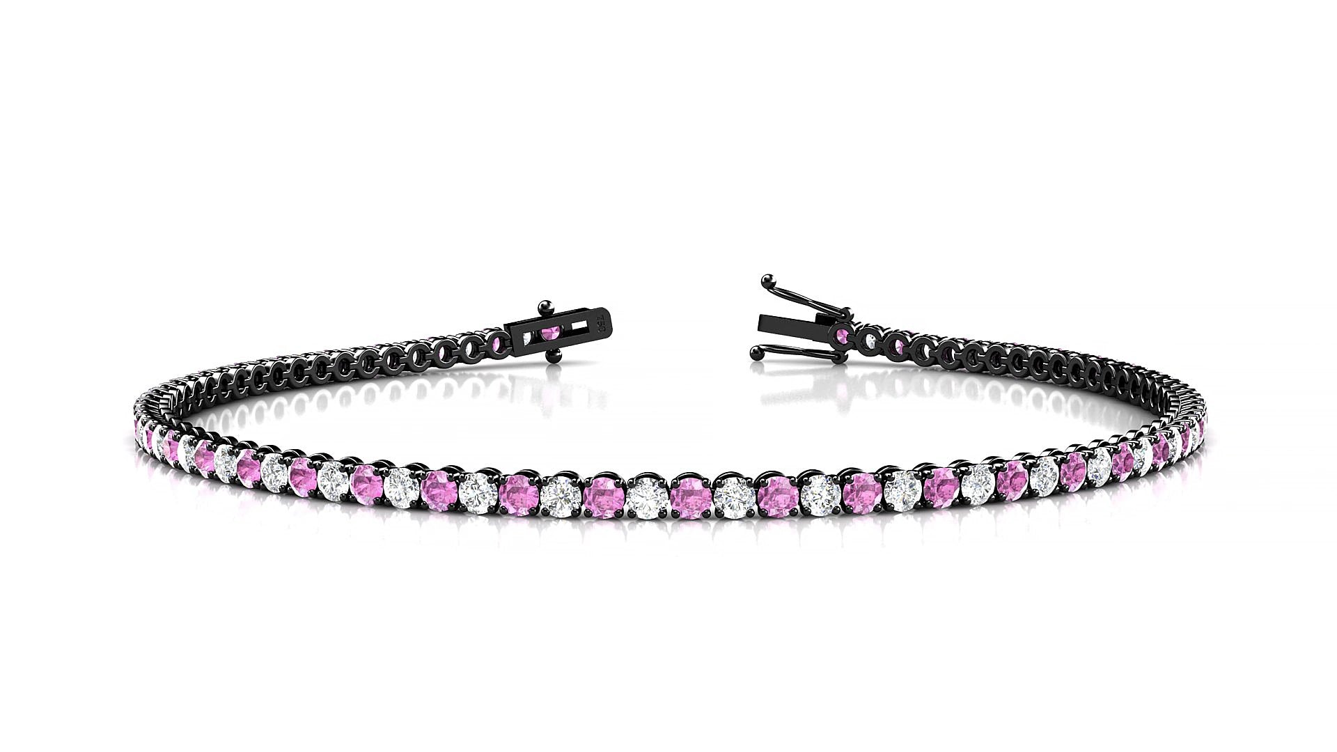 Firenze 1-1 | 18k Black Gold 2 mm Round Natural Pink Sapphire & Diamond 15 cm Tennis Bracelet