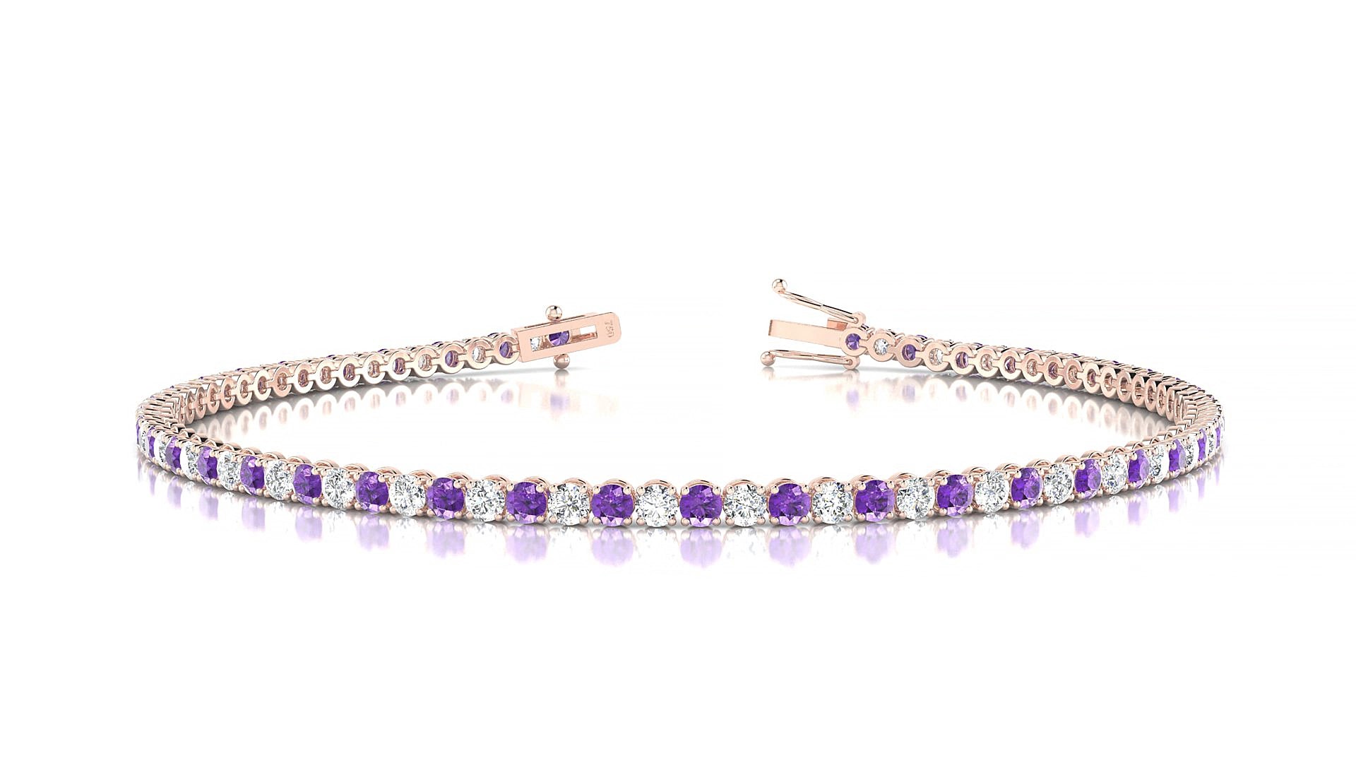Firenze 1-1 | 18k Rose Gold 2 mm Round Natural Amethyst & Diamond 15 cm Tennis Bracelet
