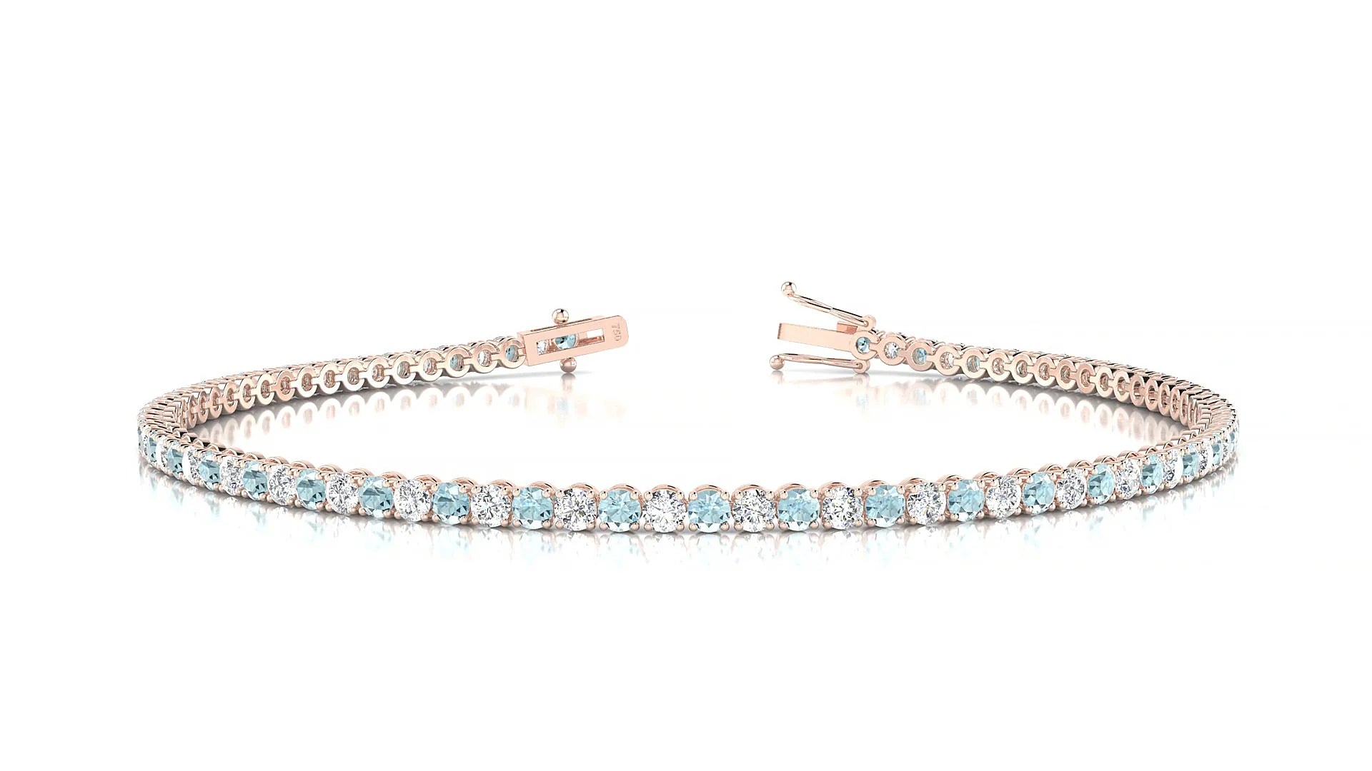 Firenze 1-1 | 18k Rose Gold 2 mm Round Natural Aquamarine & Diamond Tennis Bracelet
