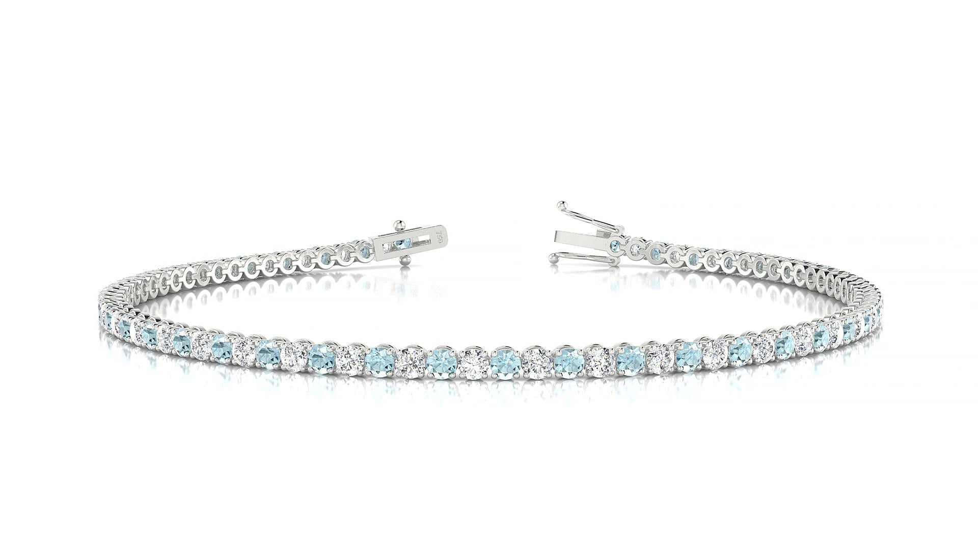 Firenze 1-1 | 18k White Gold 2 mm Round Natural Aquamarine & Diamond 15 cm Tennis Bracelet