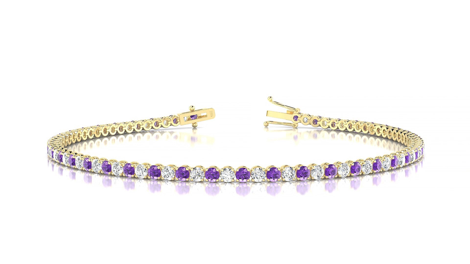 Firenze 1-1 | 18k Yellow Gold 2 mm Round Natural Amethyst & Diamond 16 cm Tennis Bracelet