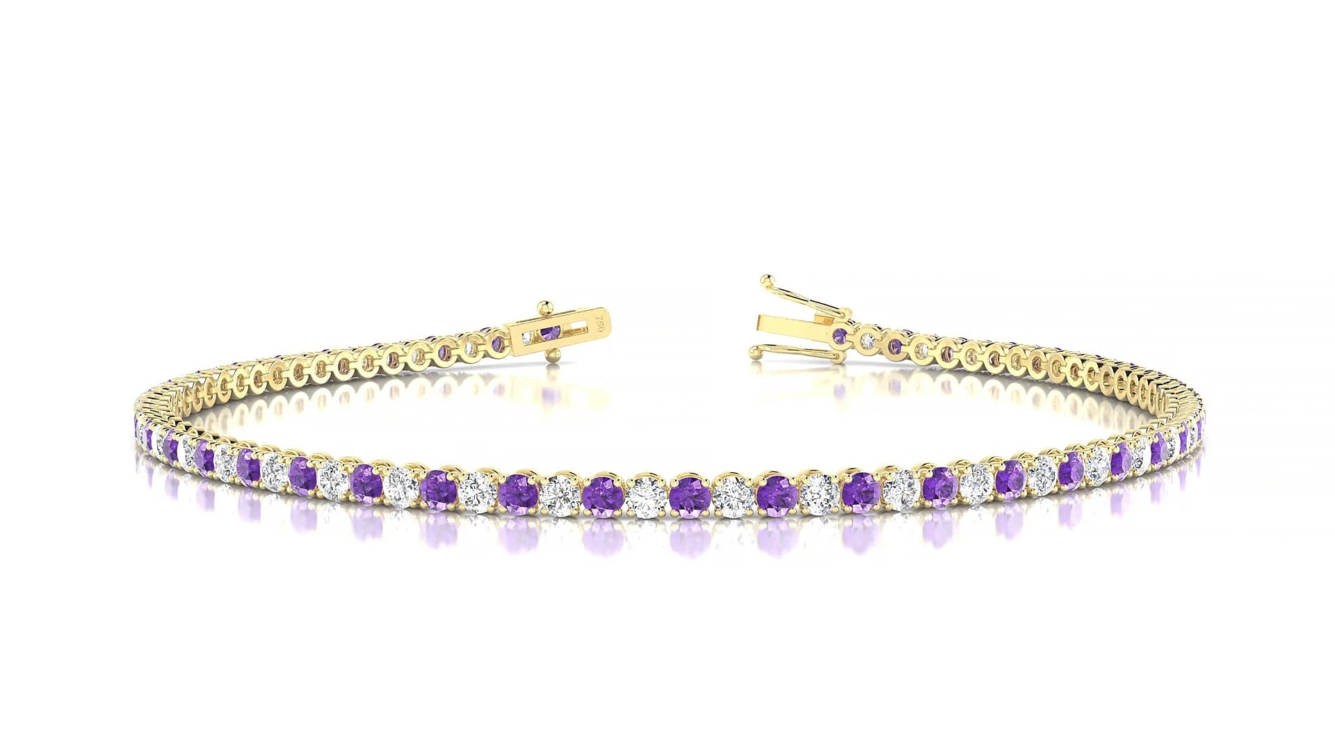 Firenze 1-1 | 18k Yellow Gold 2 mm Round Natural Amethyst & Diamond Tennis Bracelet
