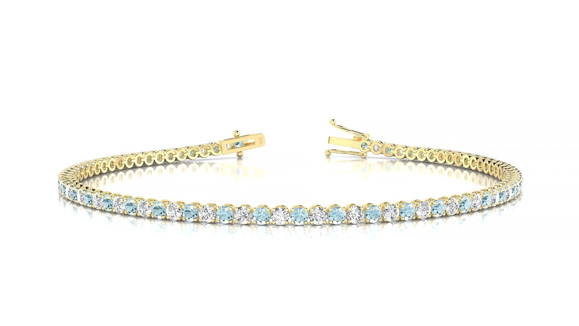 Firenze 1-1 | 18k Yellow Gold 2 mm Round Natural Aquamarine & Diamond 17 cm Tennis Bracelet