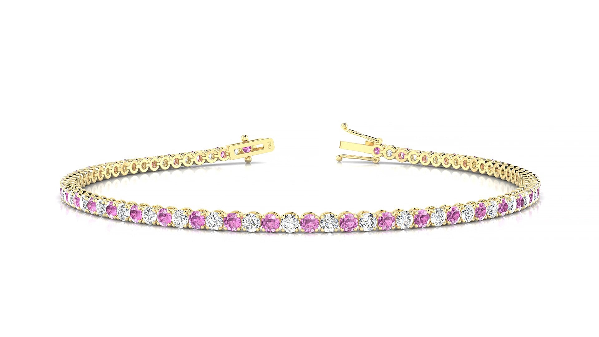 Firenze 1-1 | 18k Yellow Gold 2 mm Round Natural Pink Sapphire & Diamond 18 cm Tennis Bracelet