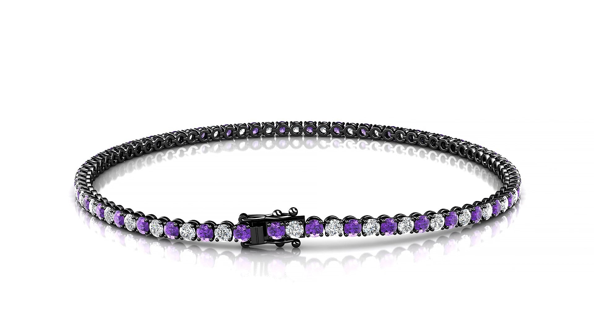 Firenze 1-1 | 18k Black Gold 2 mm Round Natural Amethyst & Diamond 19 cm Tennis Bracelet